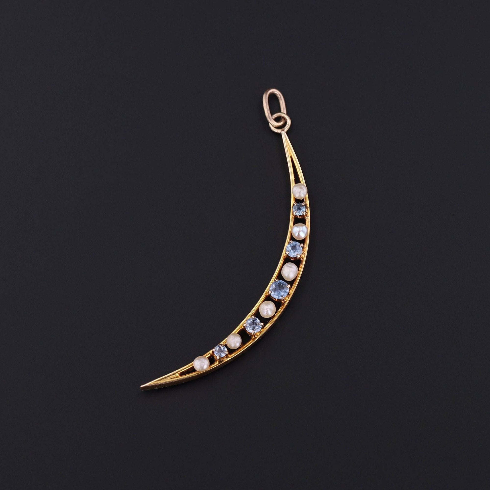 Crescent Pendant | 10k Gold, Sapphire & Pearl Pendant 