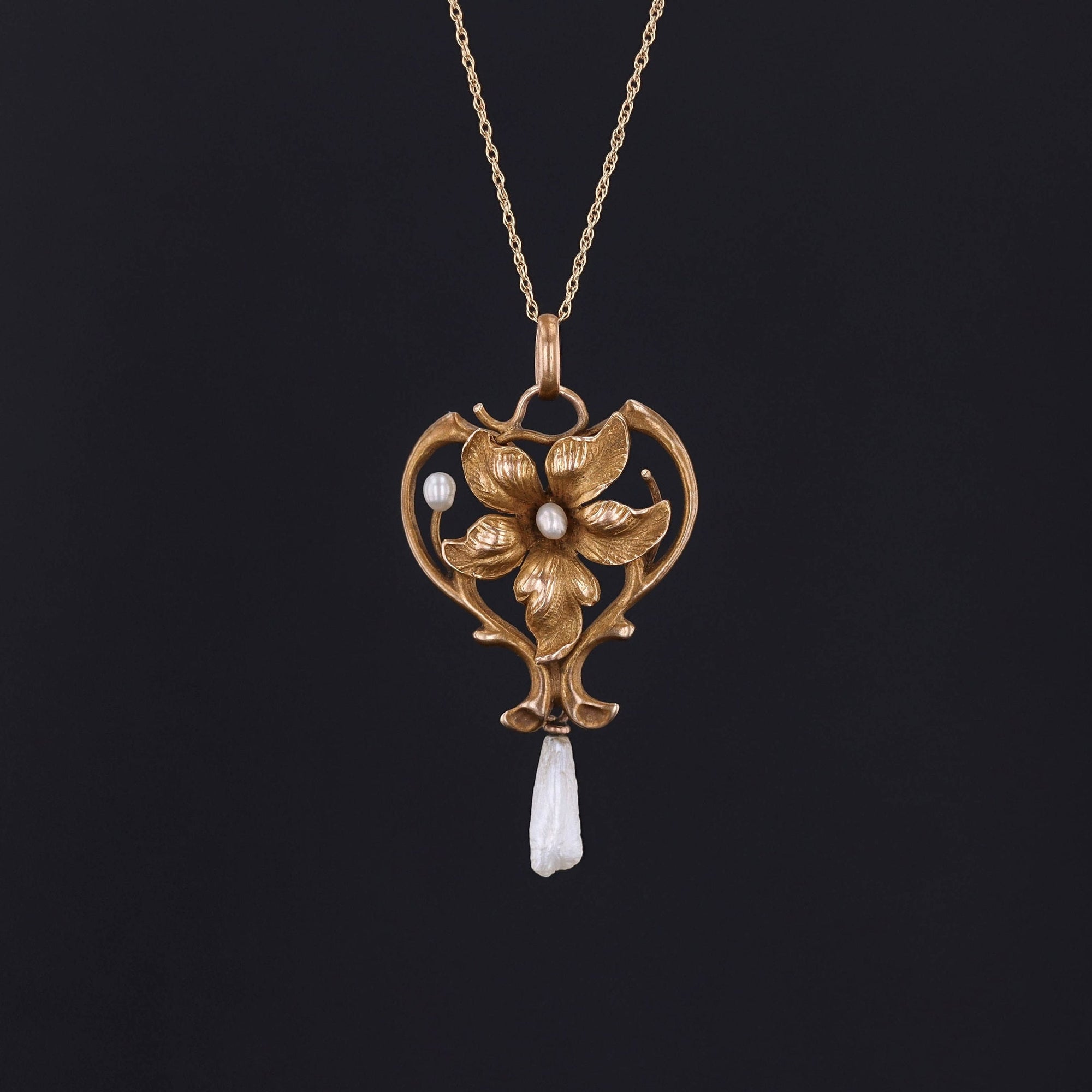 Antique Violet Pendant | 14k Gold & Pearl Pendant on Optional 10k Chain