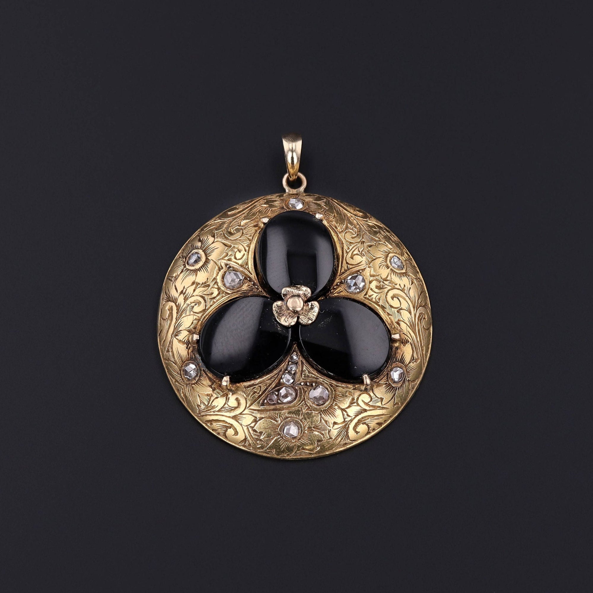 Antique Onyx & Diamond Shamrock  or Trefoil Pendant | 14k Gold Pendant 