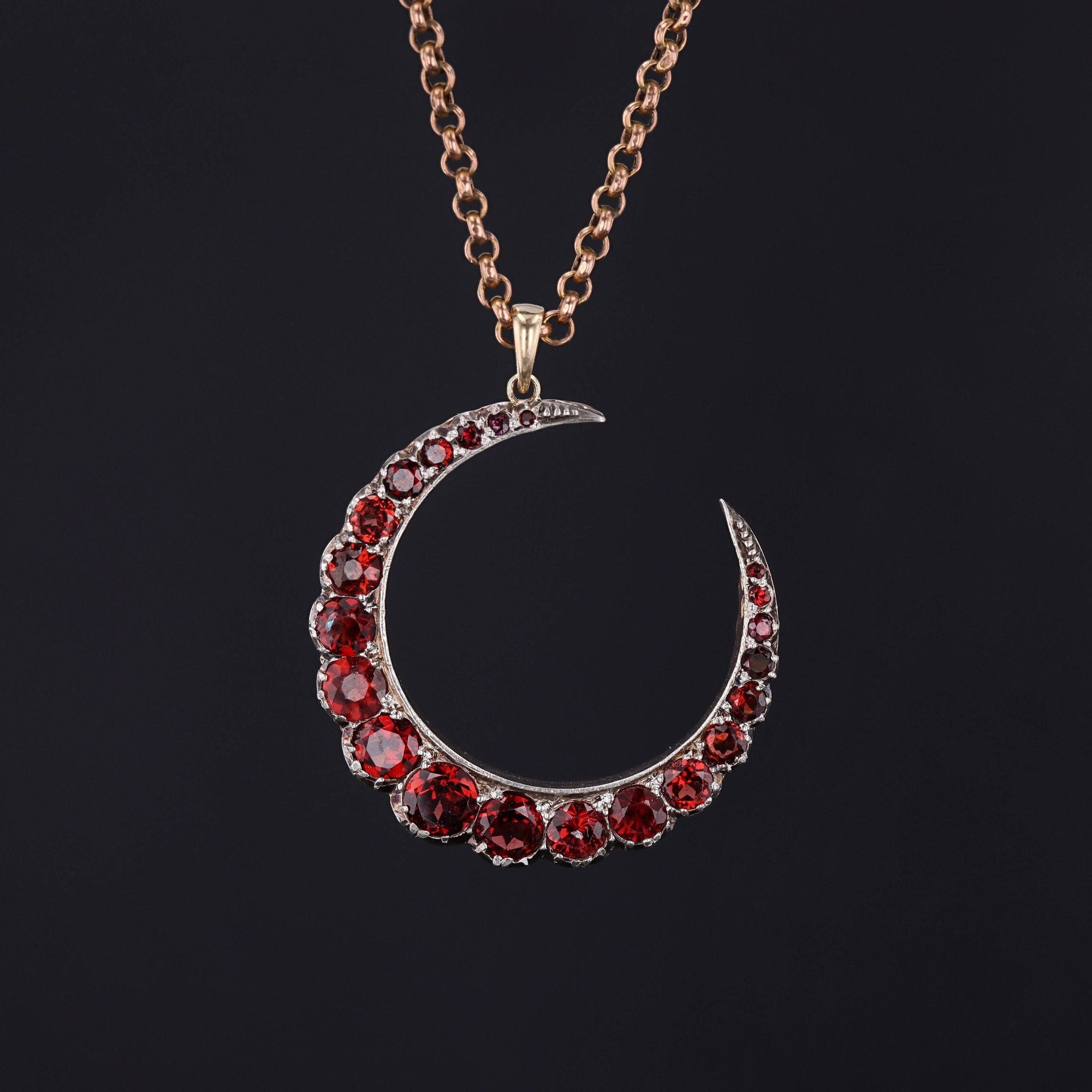 Antique Garnet Crescent Moon | Silver Topped 14k Gold Pendant on Optional 9ct Gold Chain