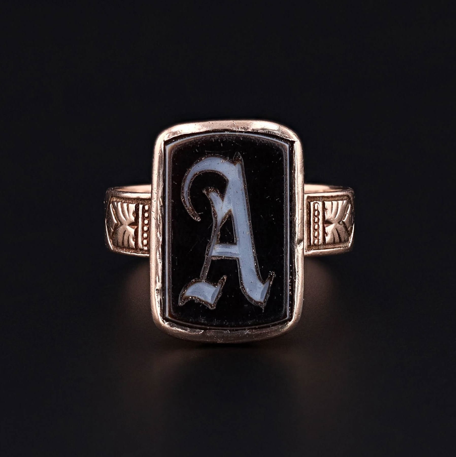 Antique Letter A Intaglio Ring of 10k Gold