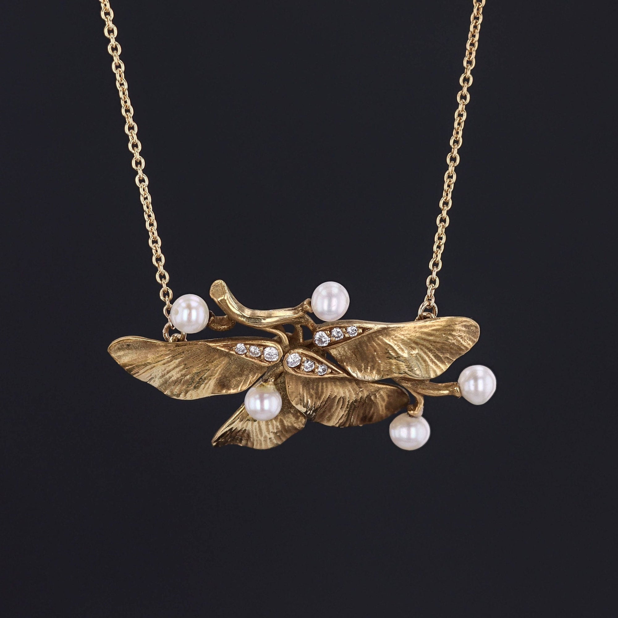 Maple Seed Necklace | 14k Gold, Pearl & Diamond Necklace 