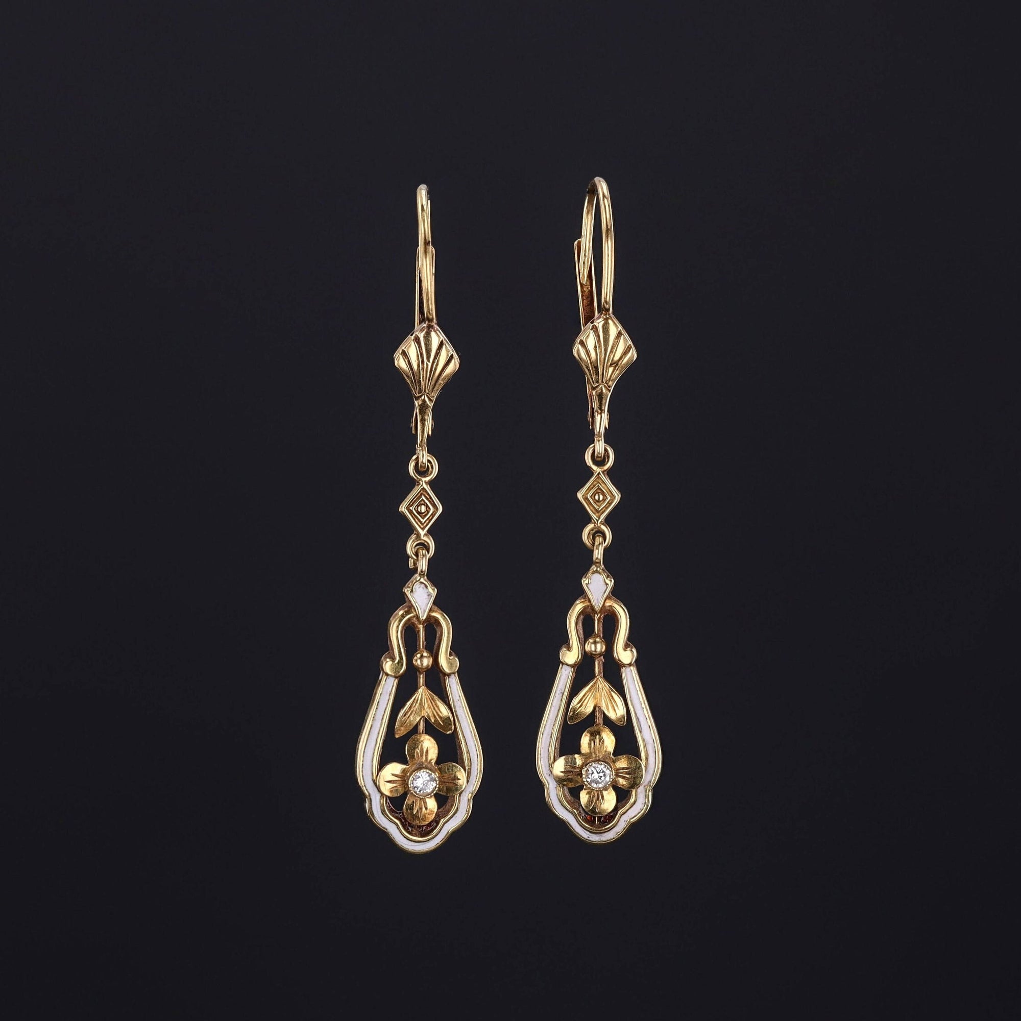 Antique Enamel & Diamond Earrings | Floral Earrings 