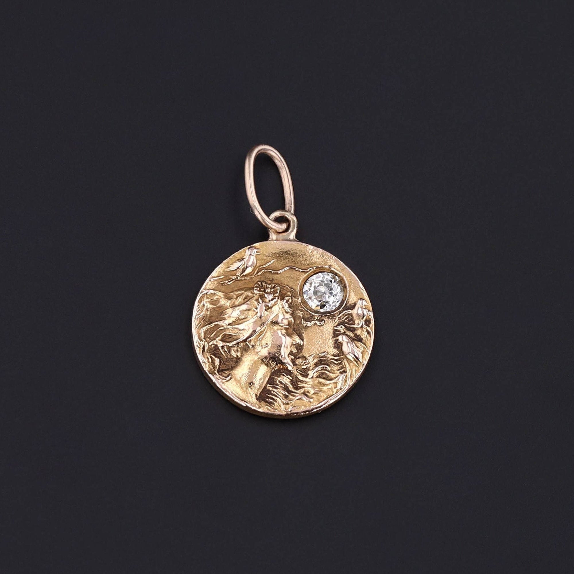 Antique Woman with Birds Charm of 14k Gold with a Diamond Accent