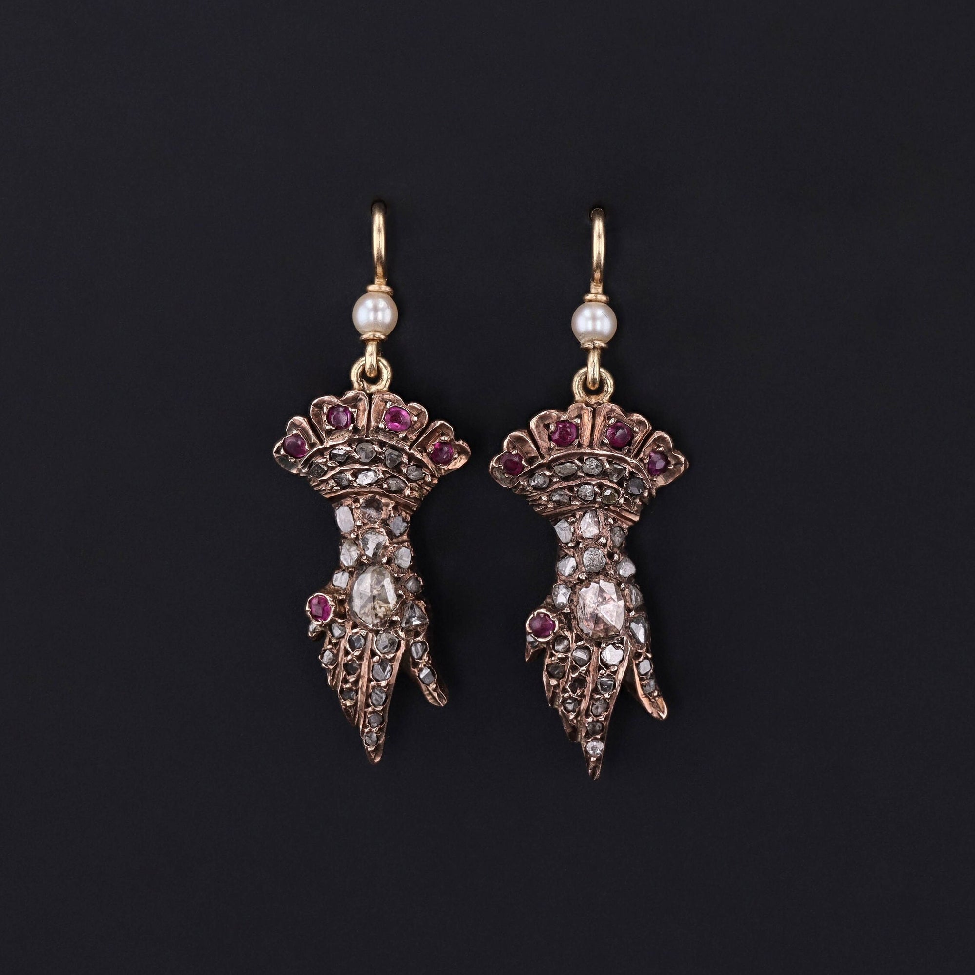 Antique Diamond Hand Earrings with Ruby Accents with 14k Gold Ear Wires