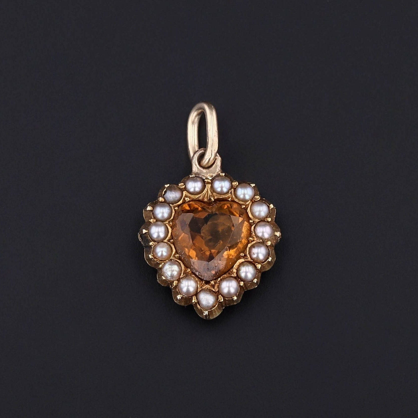 Antique Citrine and Pearl Heart Charm of 15ct Gold Created from an Antique Pin
