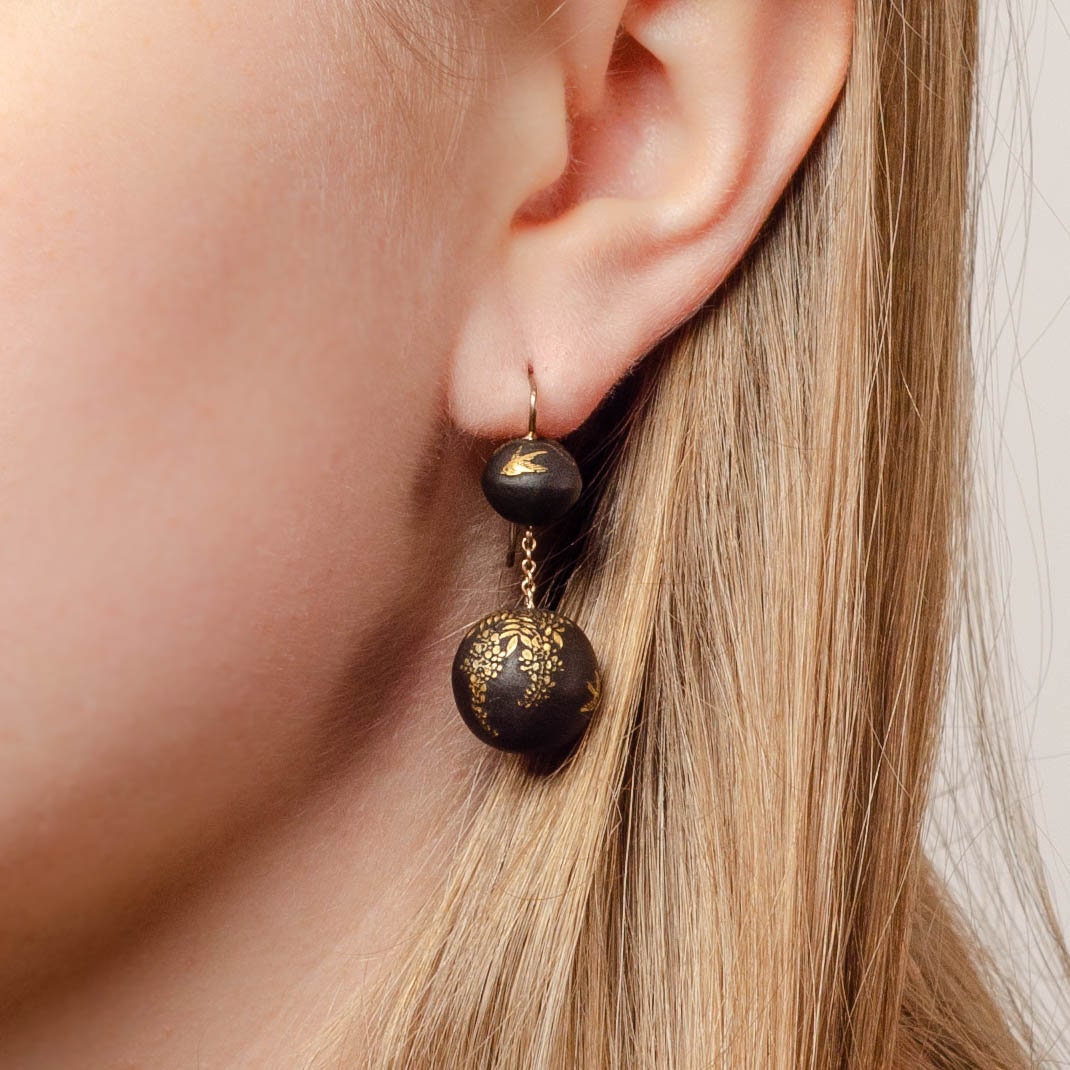 Antique Niello Bead Earrings with Birds on 14k Gold Ear Wires