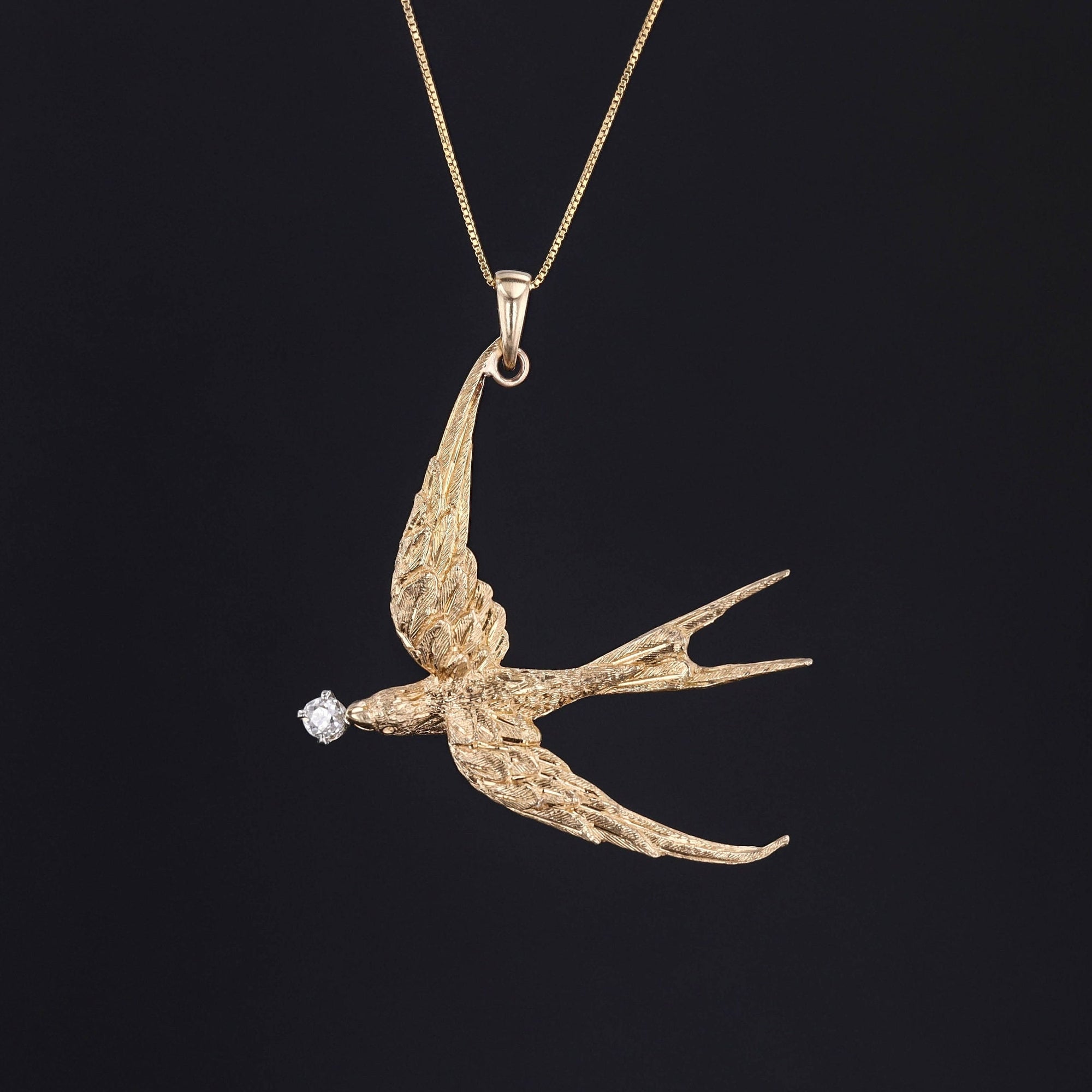 Antique 14k Gold and Diamond Swallow Bird Pendant on Optional 14k Gold Necklace