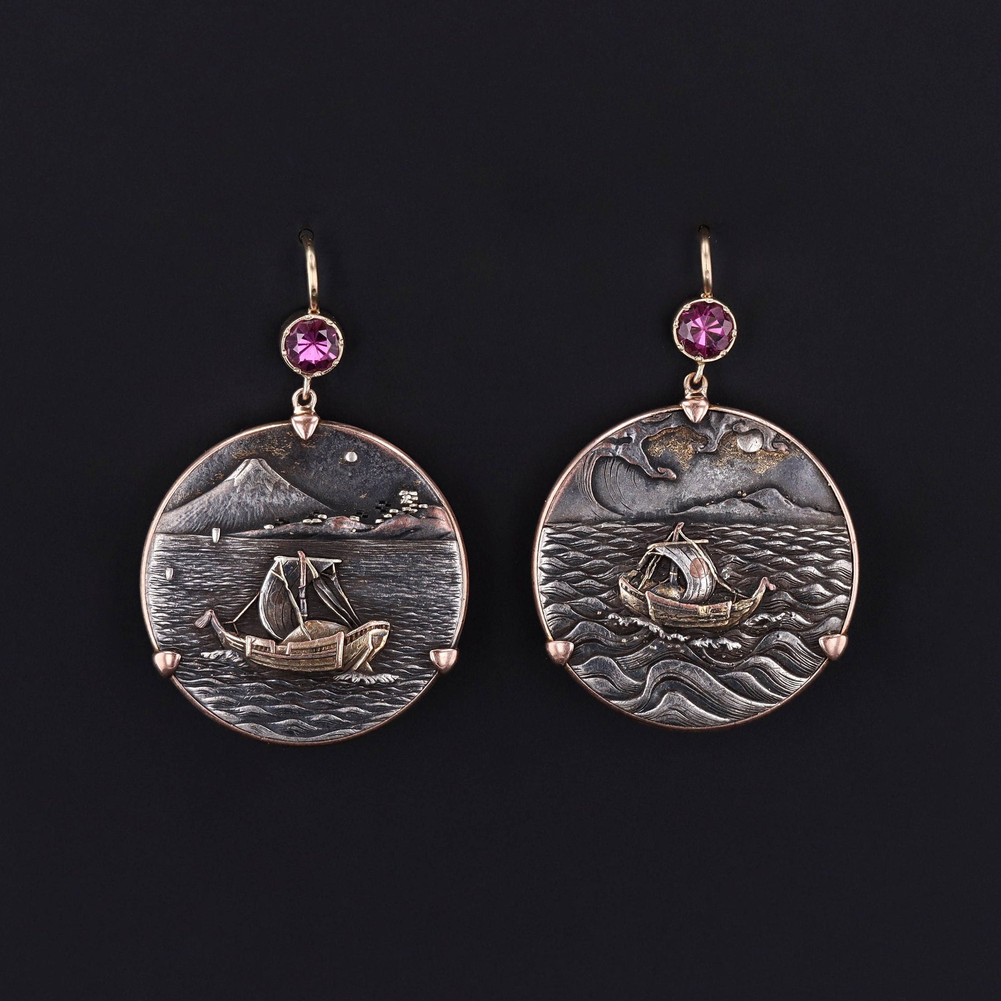 Antique Shakudo Ship Earrings set in 14k Gold with Pink Tourmaline