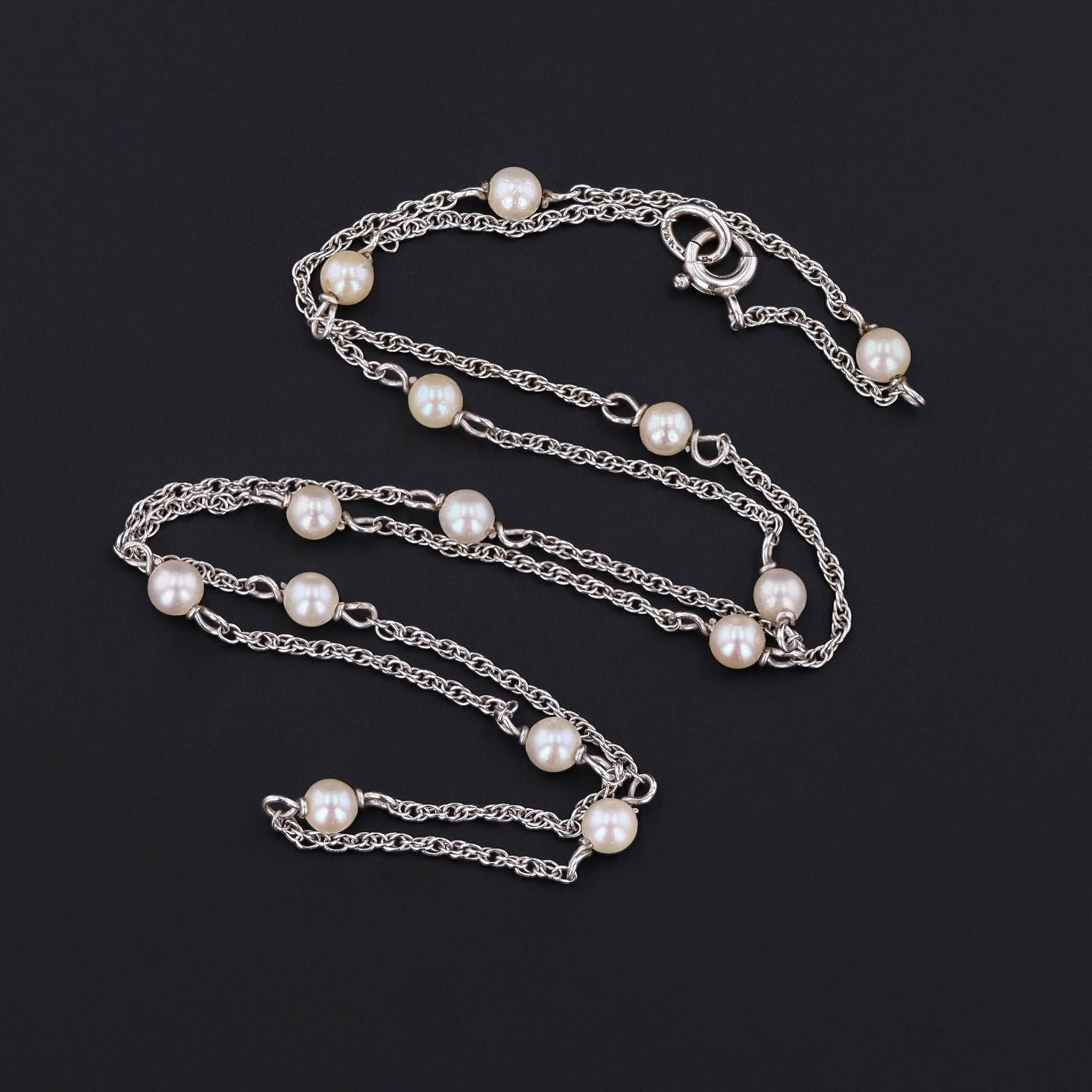 Vintage Pearl Chain Necklace of 14k White Gold