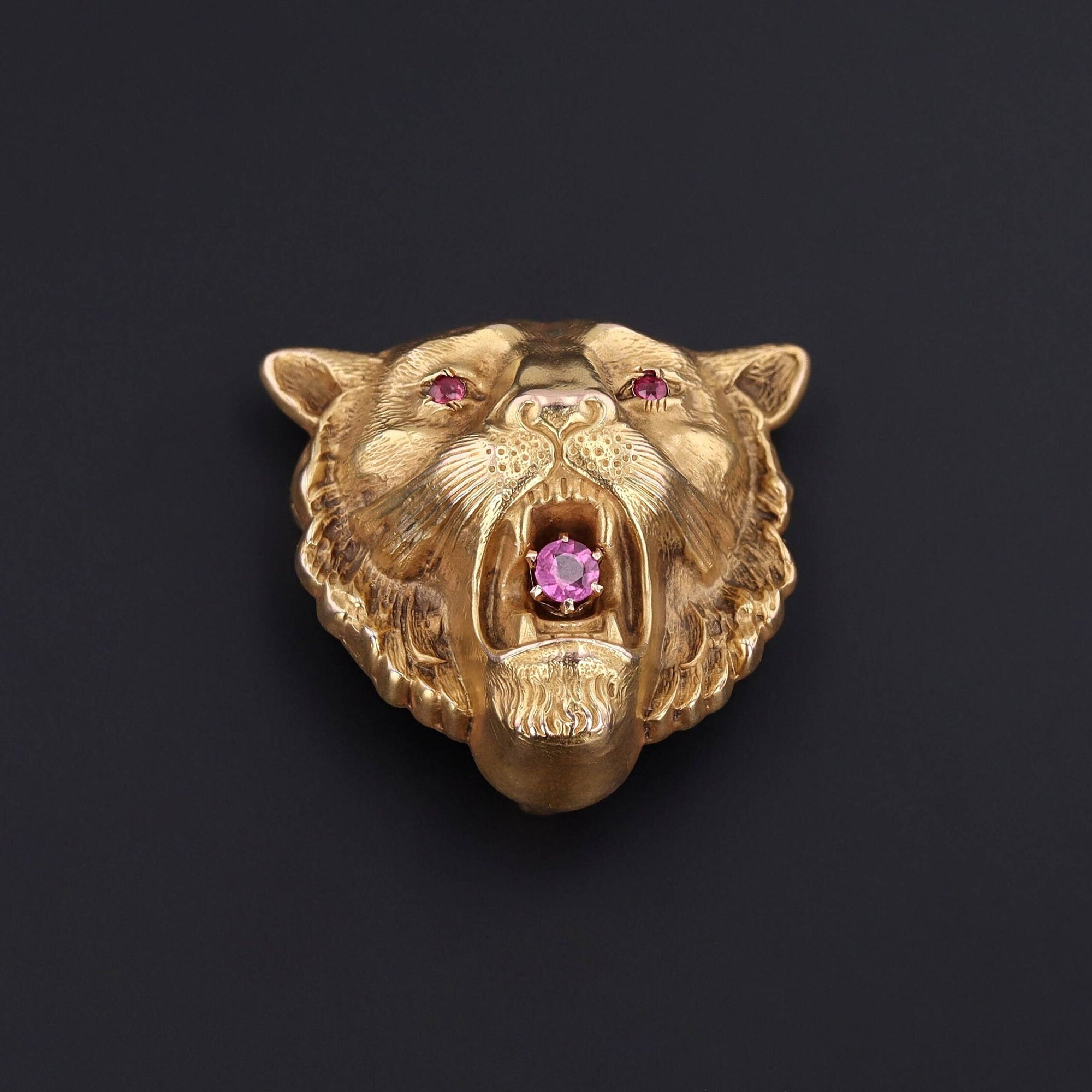 Antique Garnet Lion Brooch of 14k Gold