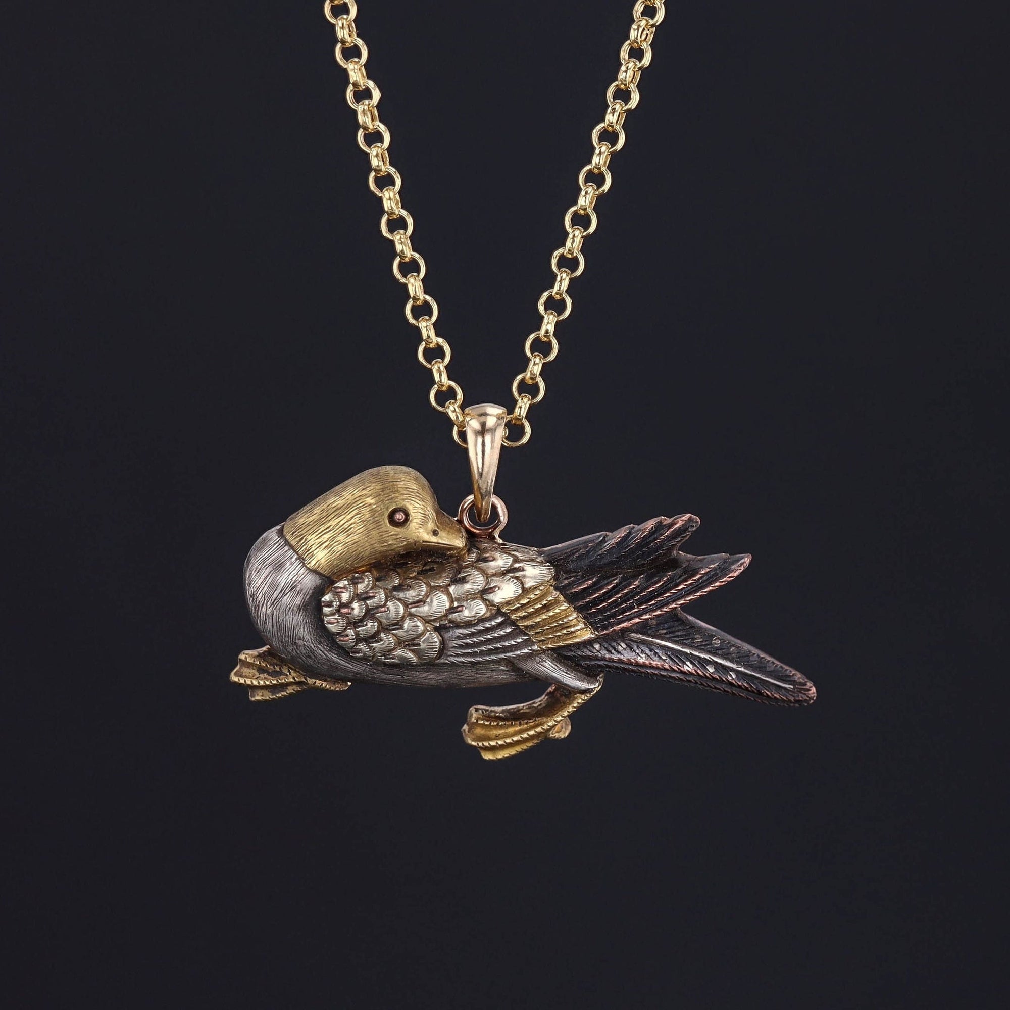 Antique Shakudo Bird Pendant Mounted in 14k Gold on Optional 10k Chain