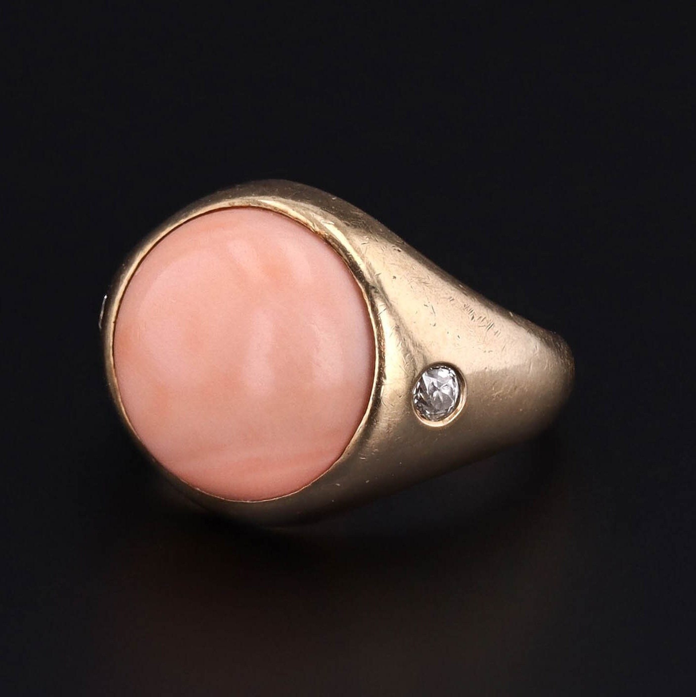 Vintage Mid-Century 14k Gold and Coral Ring with Diamond Accents