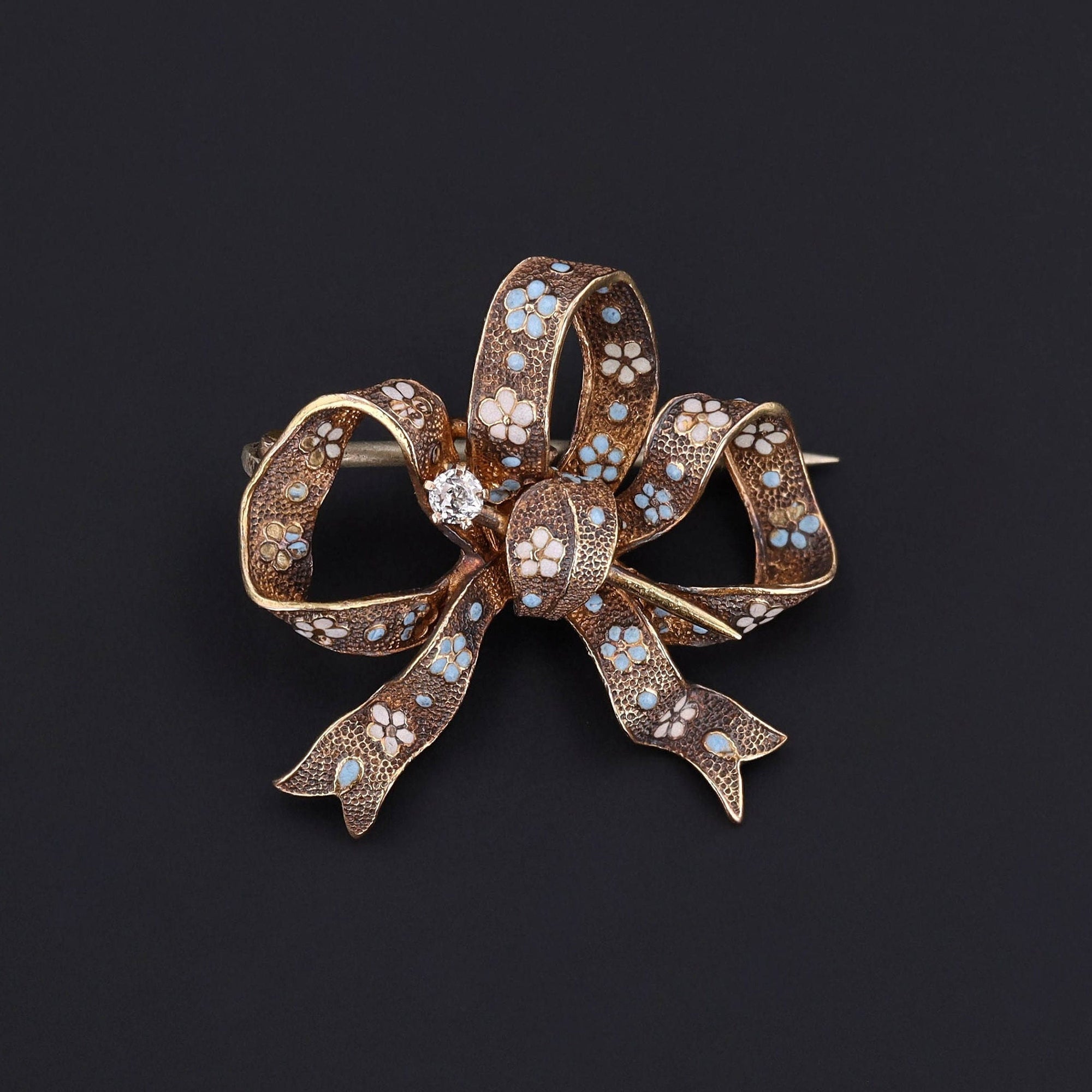 Antique Estate Bow Brooch of 14k Gold with Enamel Flowers and a Diamond