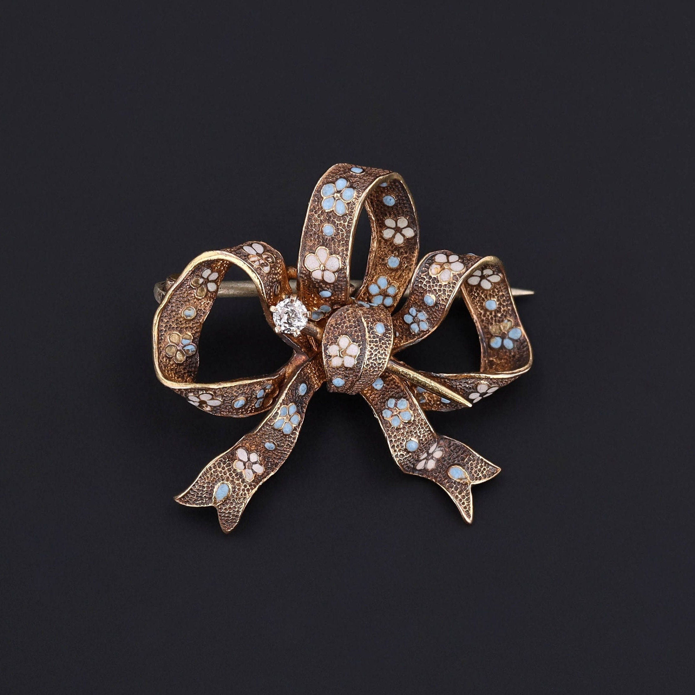Antique Enamel and Diamond Bow Brooch of 14K Gold | Trademark Antiques