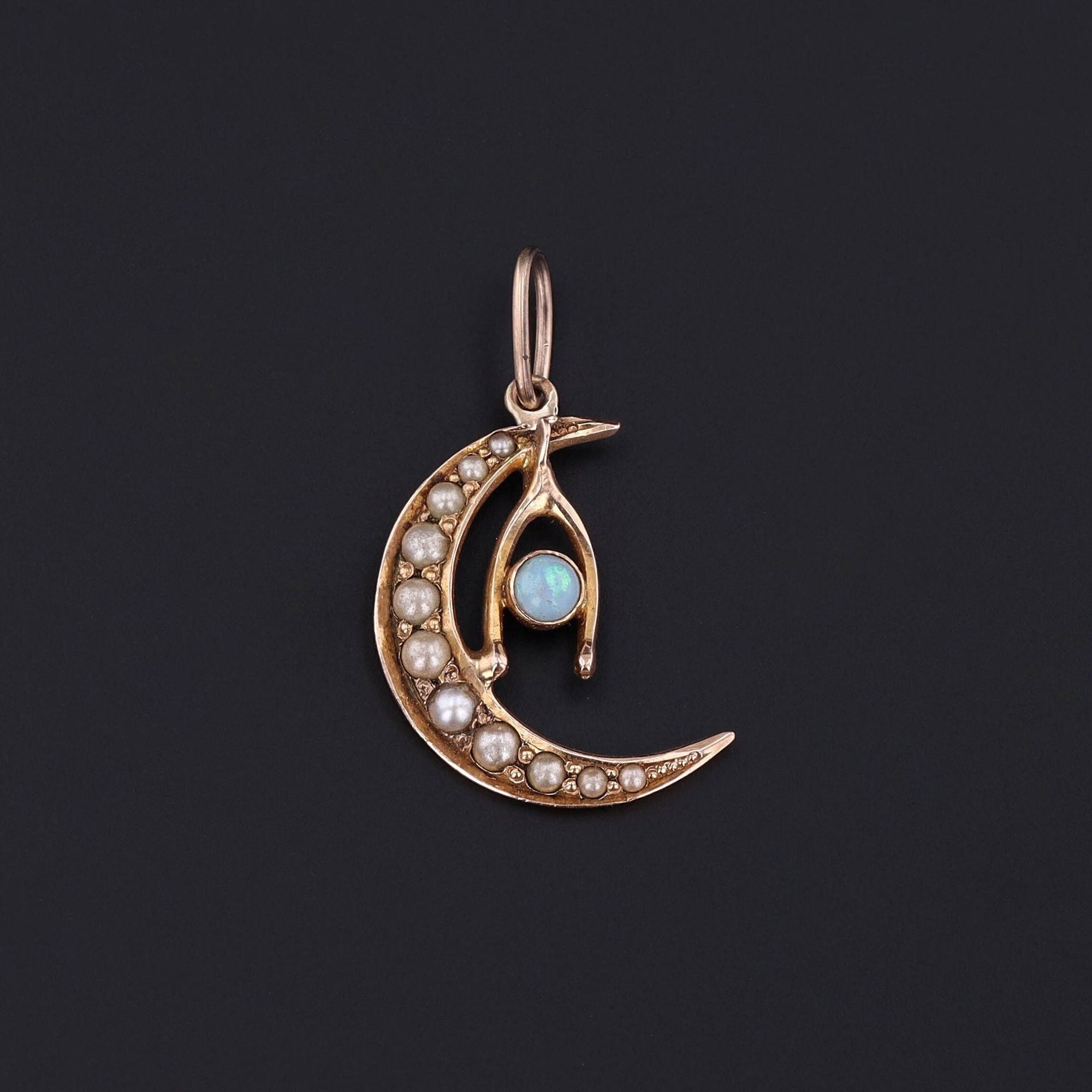 Antique Pearl Crescent with Opal Wishbone | Crescent Moon Pendant 