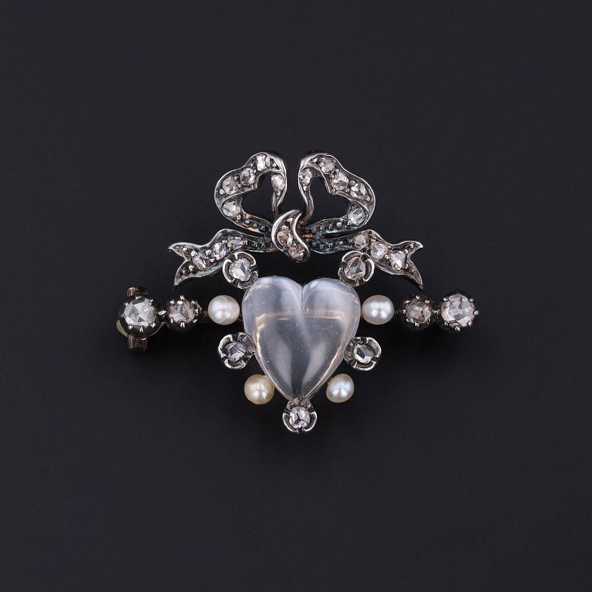 Antique Moonstone Heart Brooch | Victorian Silver Topped 14k Gold Brooch with Moonstone Diamonds and Pearls