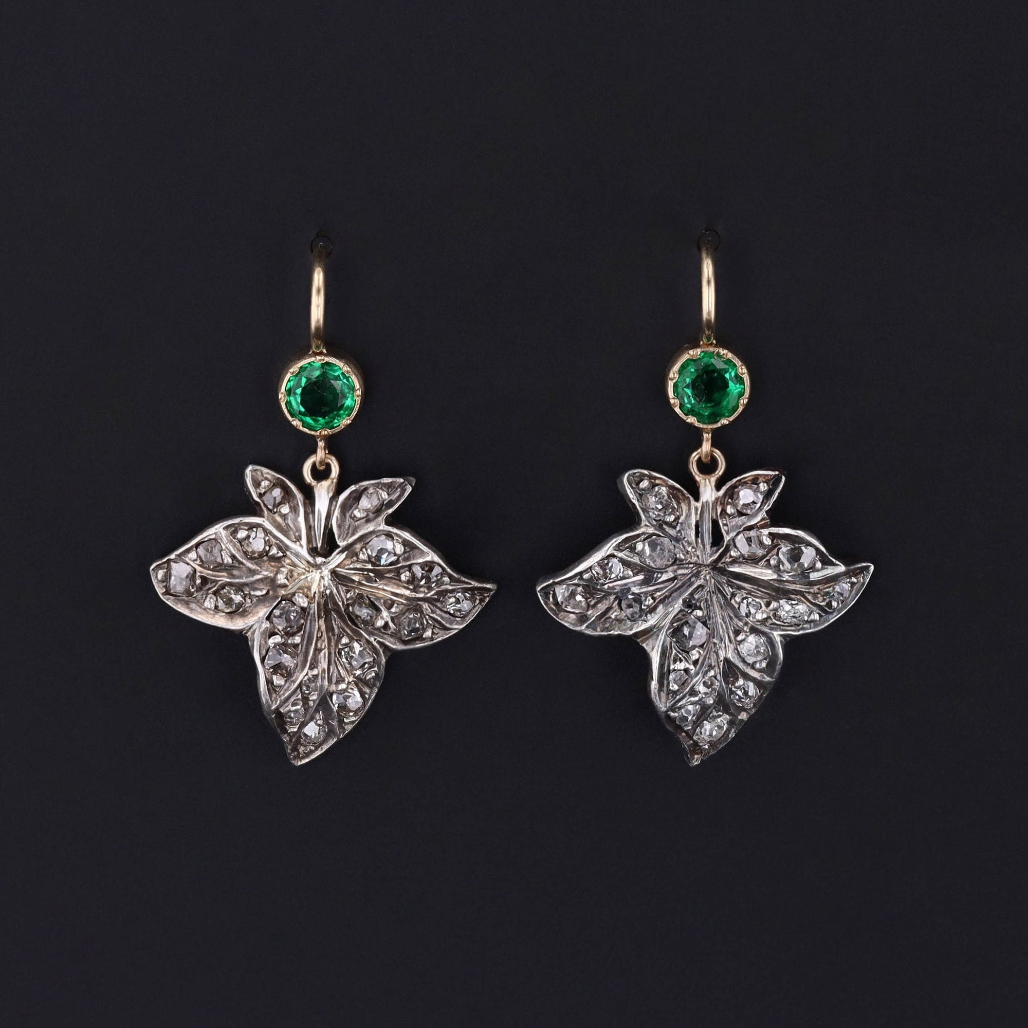 Antique Diamond and Emerald Leaf Earrings Created from an Antique Victorian Brooch