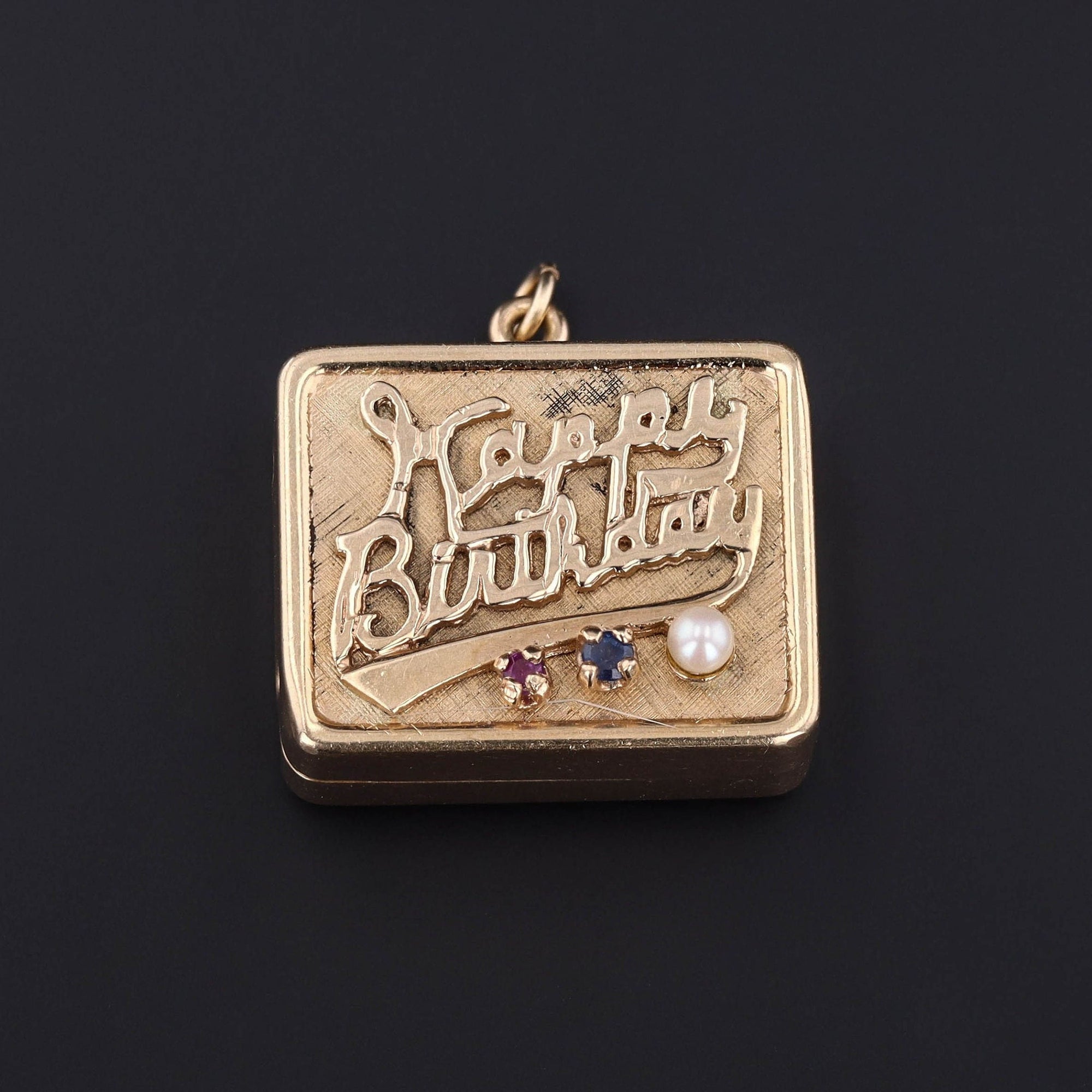 Vintage 14k Gold Mechanical Happy Birthday Song Pendant with Ruby Sapphire and Pearl Accent