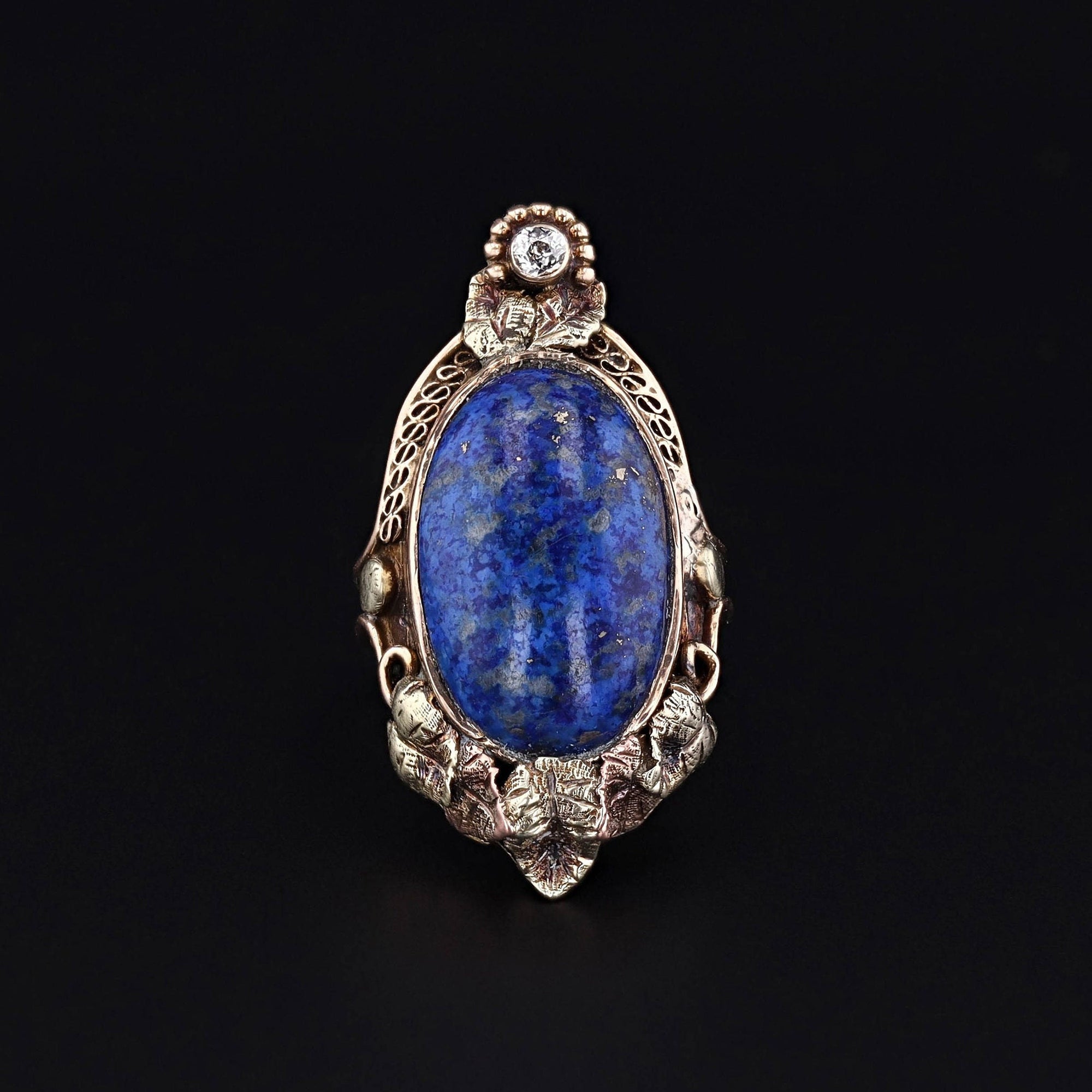Antique Lapis Lazuli and Diamond Ring Yellow Gold with Rose and Green Gold Accents