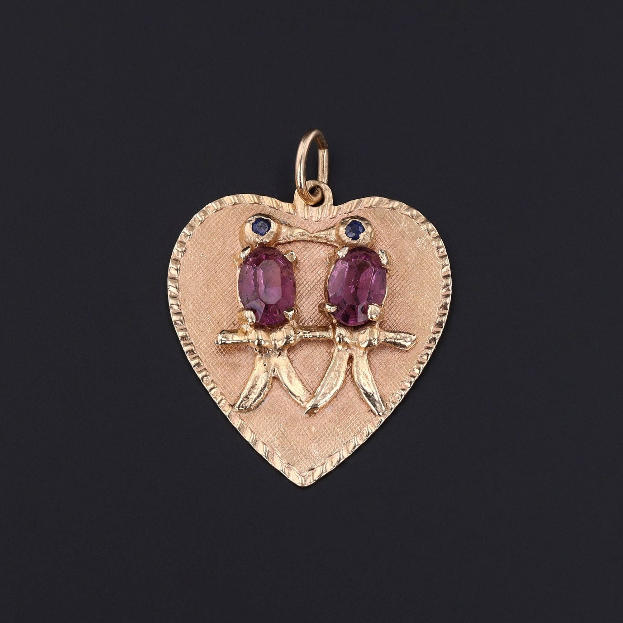 Vintage Lovebirds with Purple Glass and Sapphires Pendant of 14k Gold