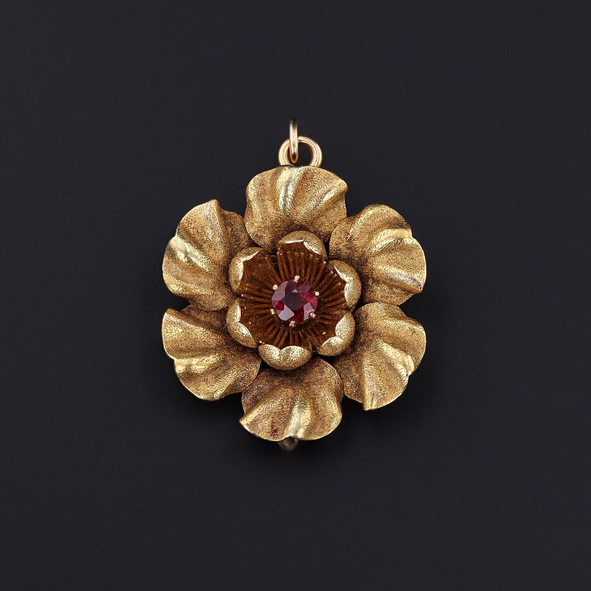 Antique Garnet Flower Pendant Brooch of 14k Gold