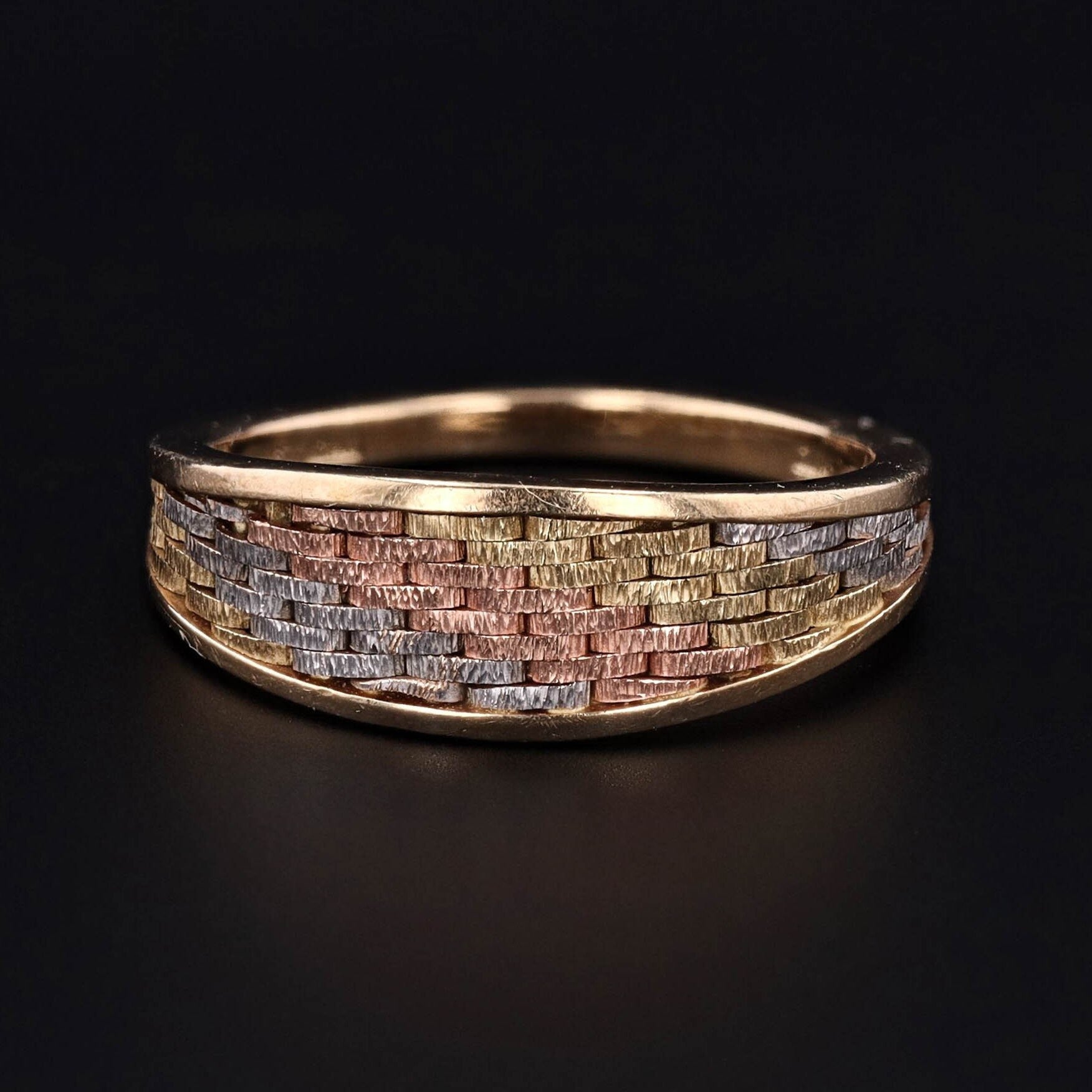 Vintage Tri Color 14k Rose White and Yellow Gold Band with Woven Design