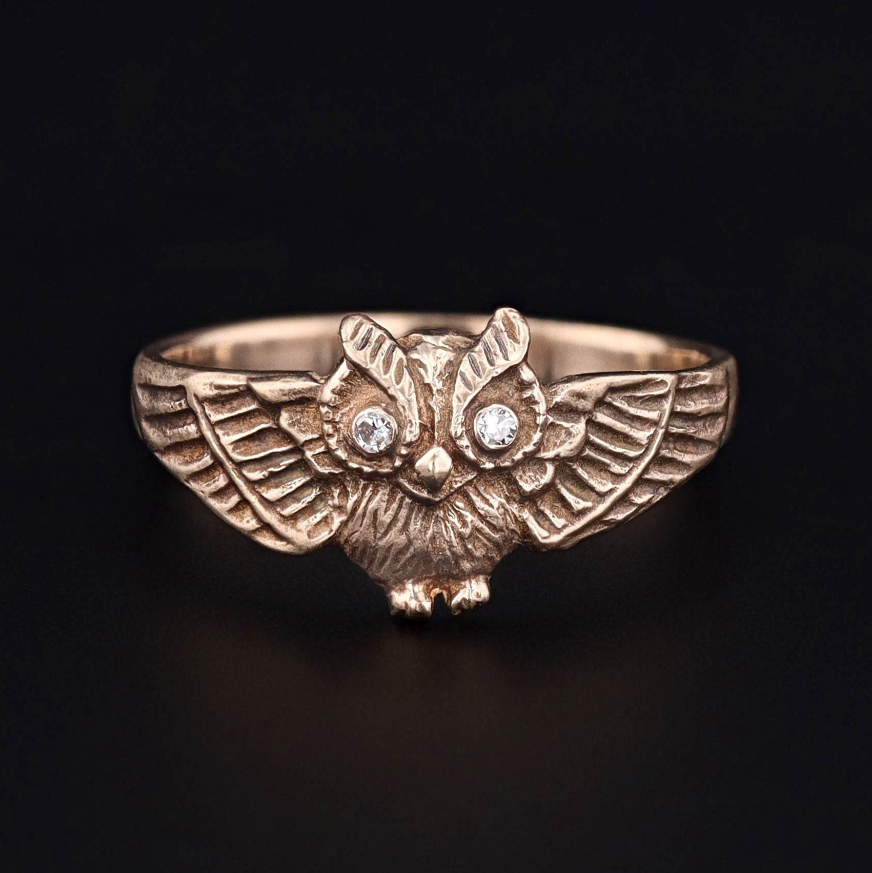 Owl Ring 14k Gold with Diamond Eyes Recast from an Antique Ring