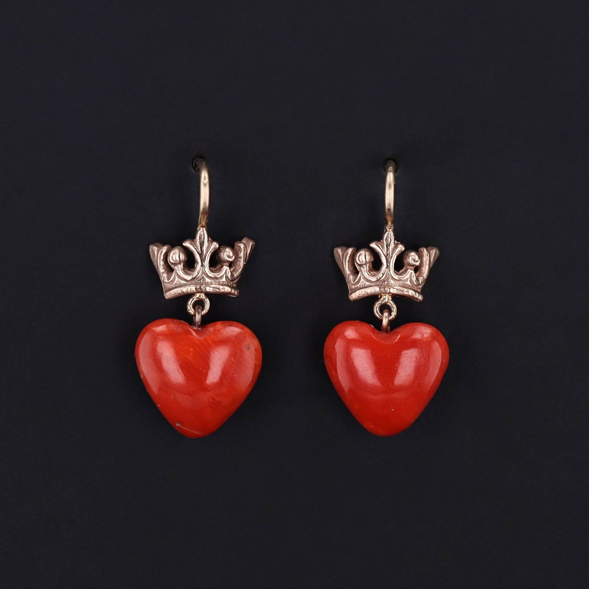 Coral Heart Crown Dangle Earrings of 14k Gold