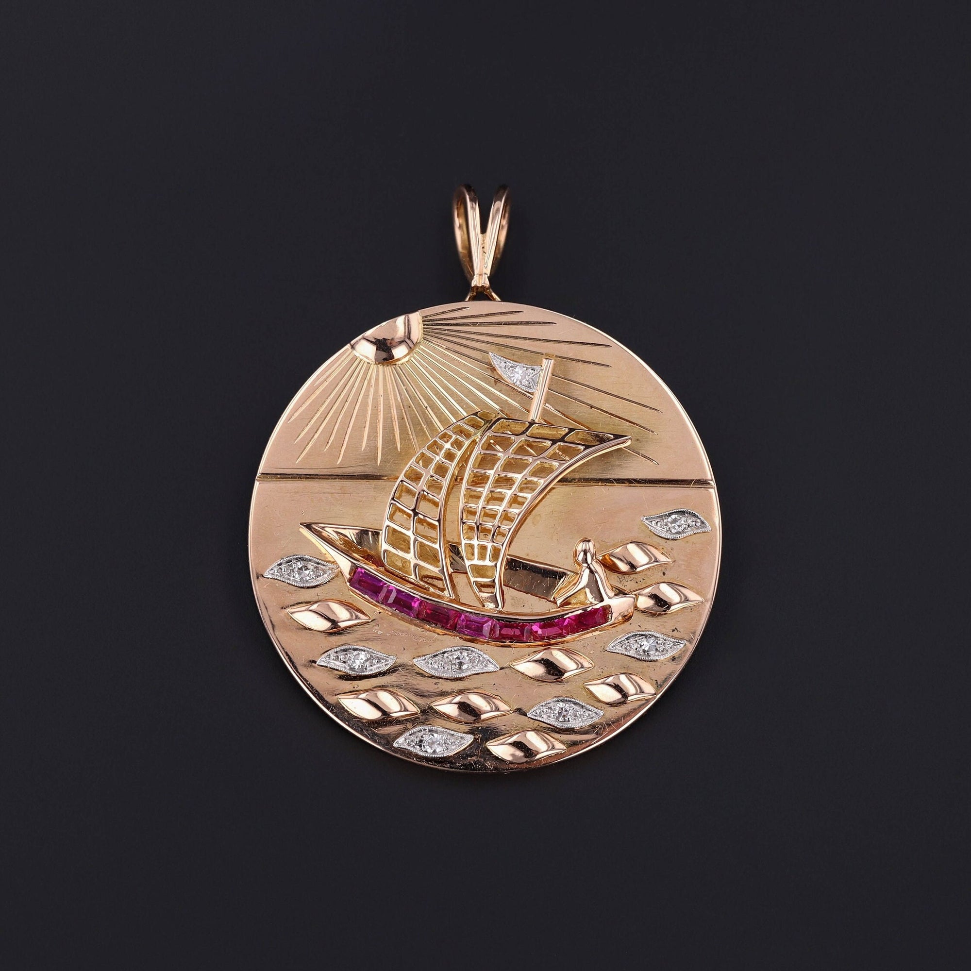 Vintage Mid Century Boat Pendant of 18k Gold with Ruby and Diamonds