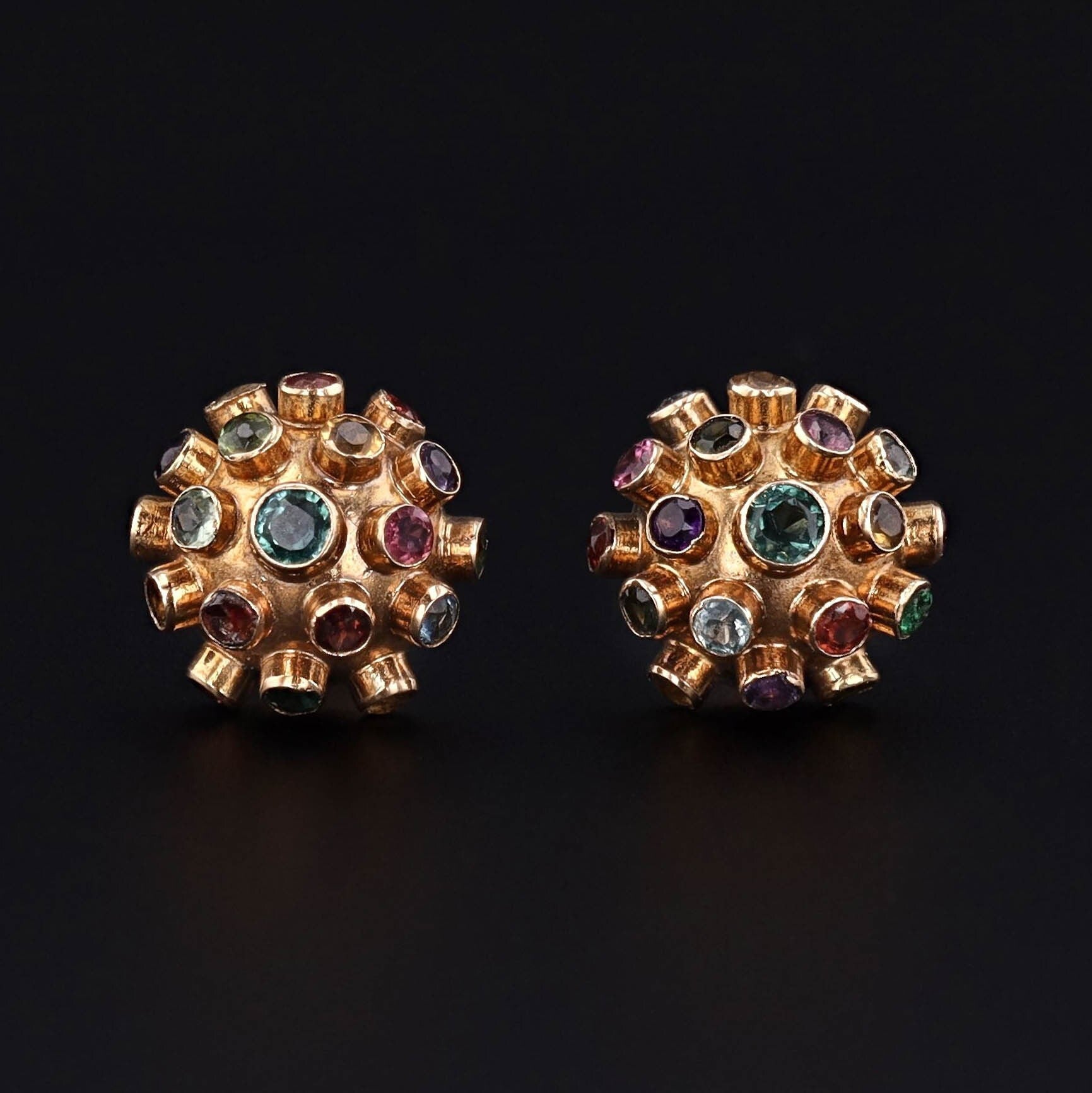 Vintage Sputnik Stud Earrings of 18k Gold and Assorted Gemstones