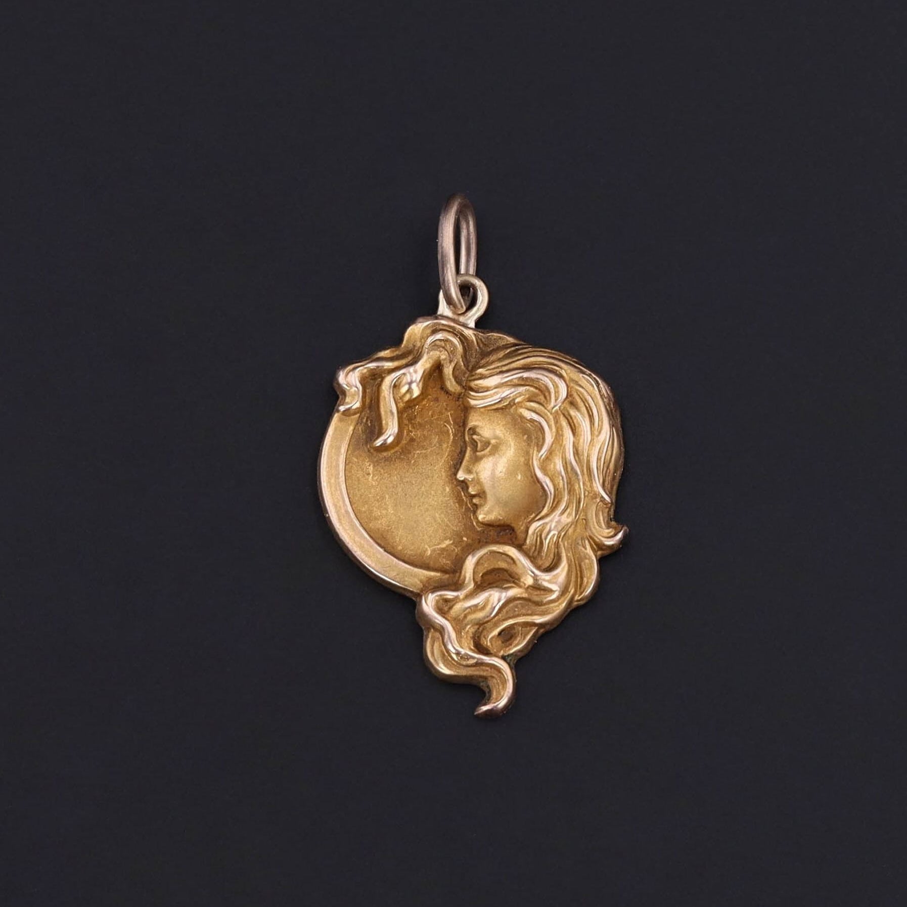 Antique Art Nouveau Woman in the Moon Pendant of 10k Gold