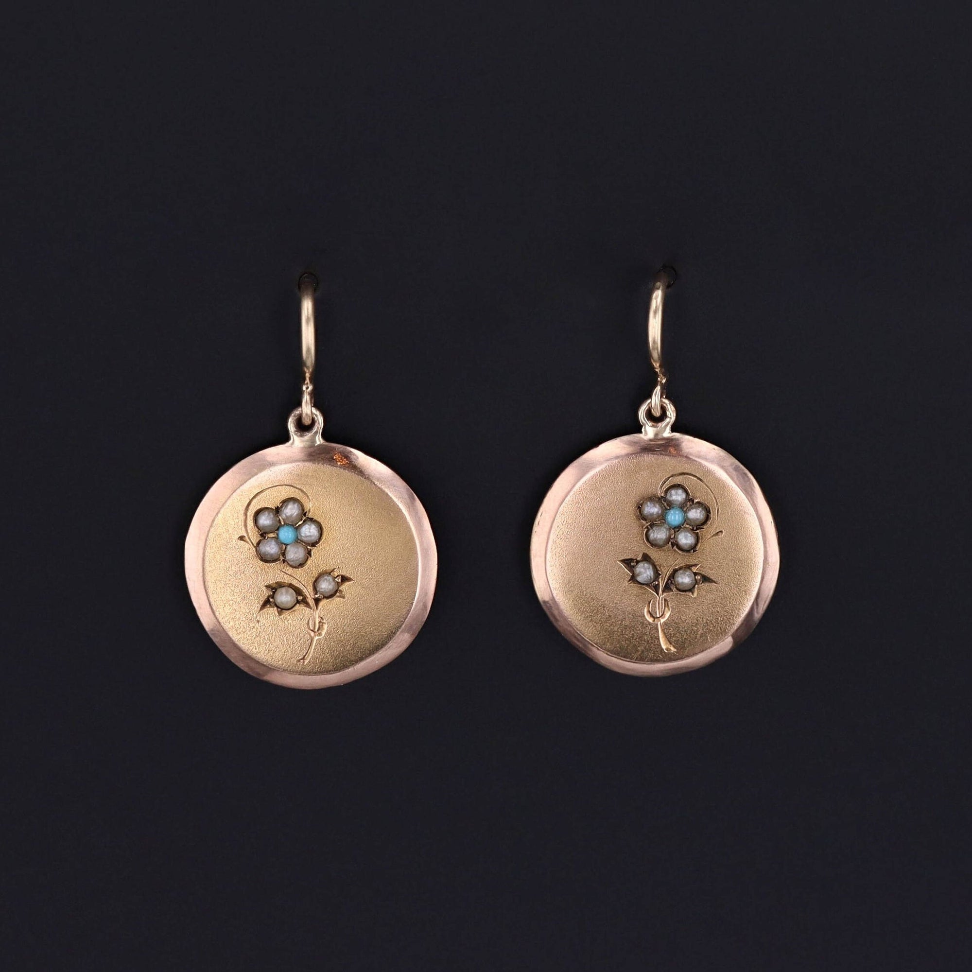 Antique Flower Earrings of 14k Gold with Turquoise and Pearl
