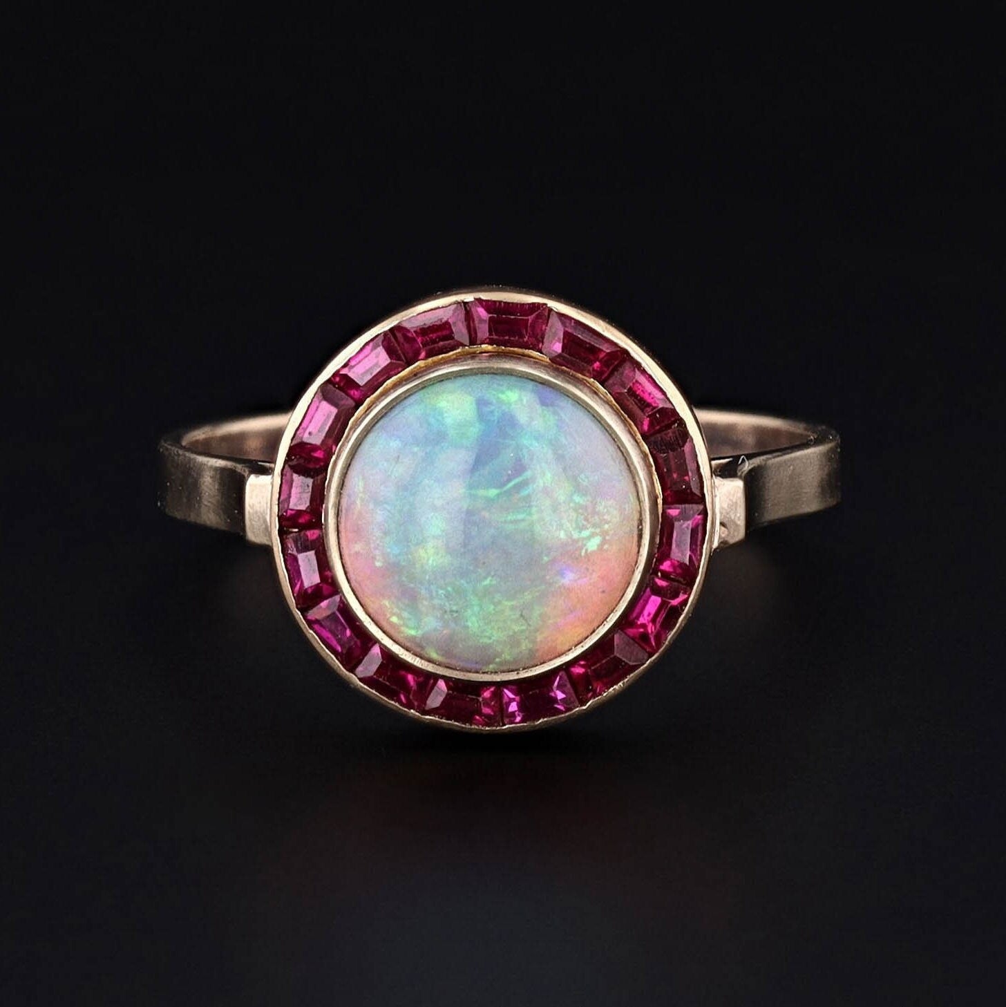 Opal and Ruby Halo Ring of 14k Gold Created from Antique Pin Components