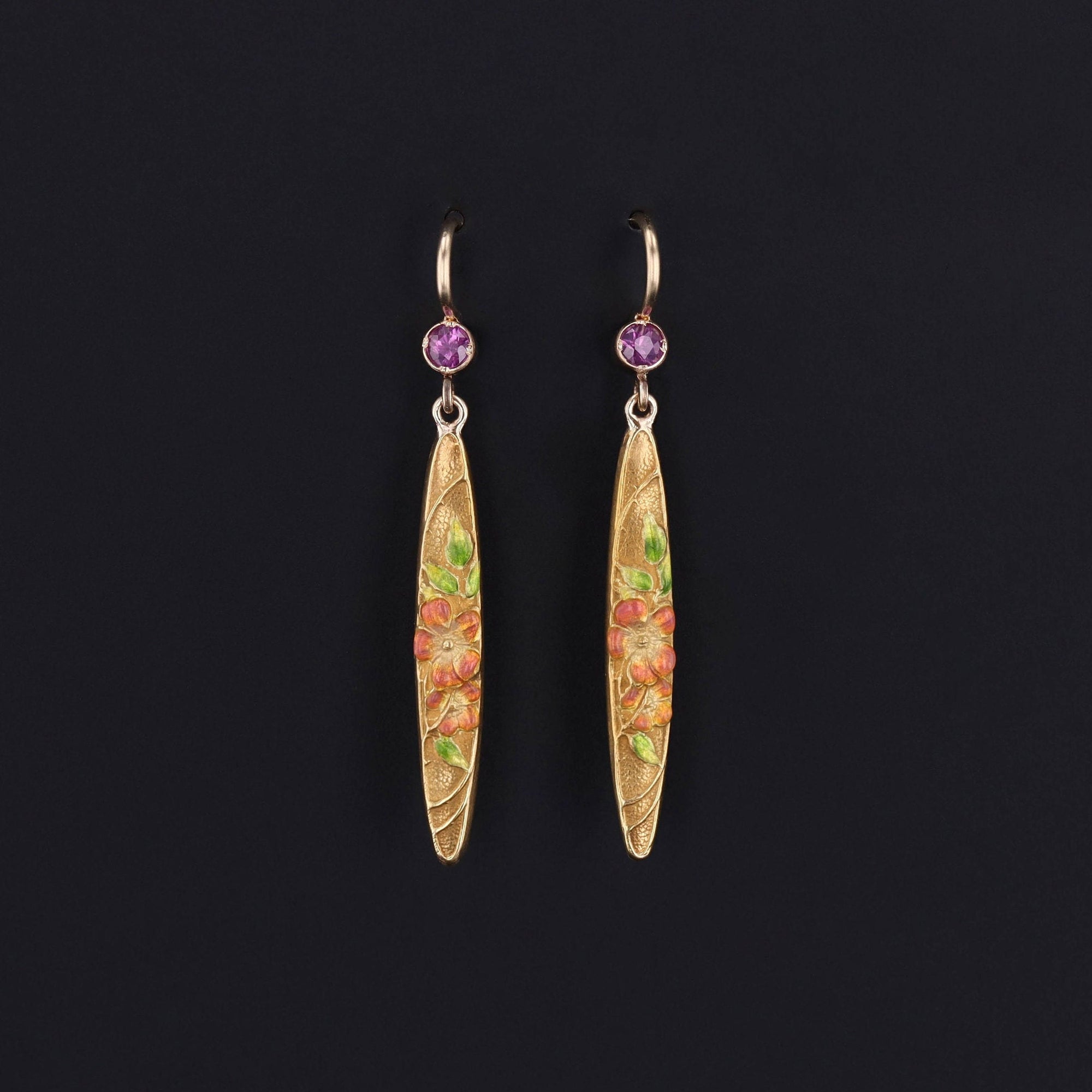 Antique Enamel and Pink Sapphire Conversion Earrings of 14k Gold