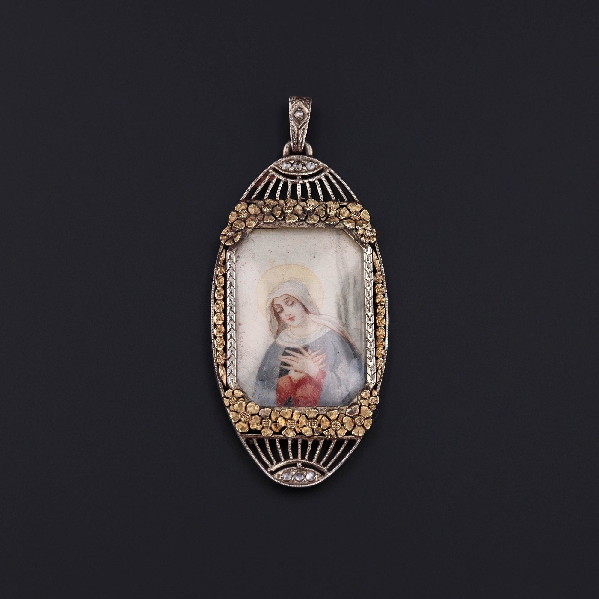 Antique Mother Mary Miniature in 14k Gold with Diamonds