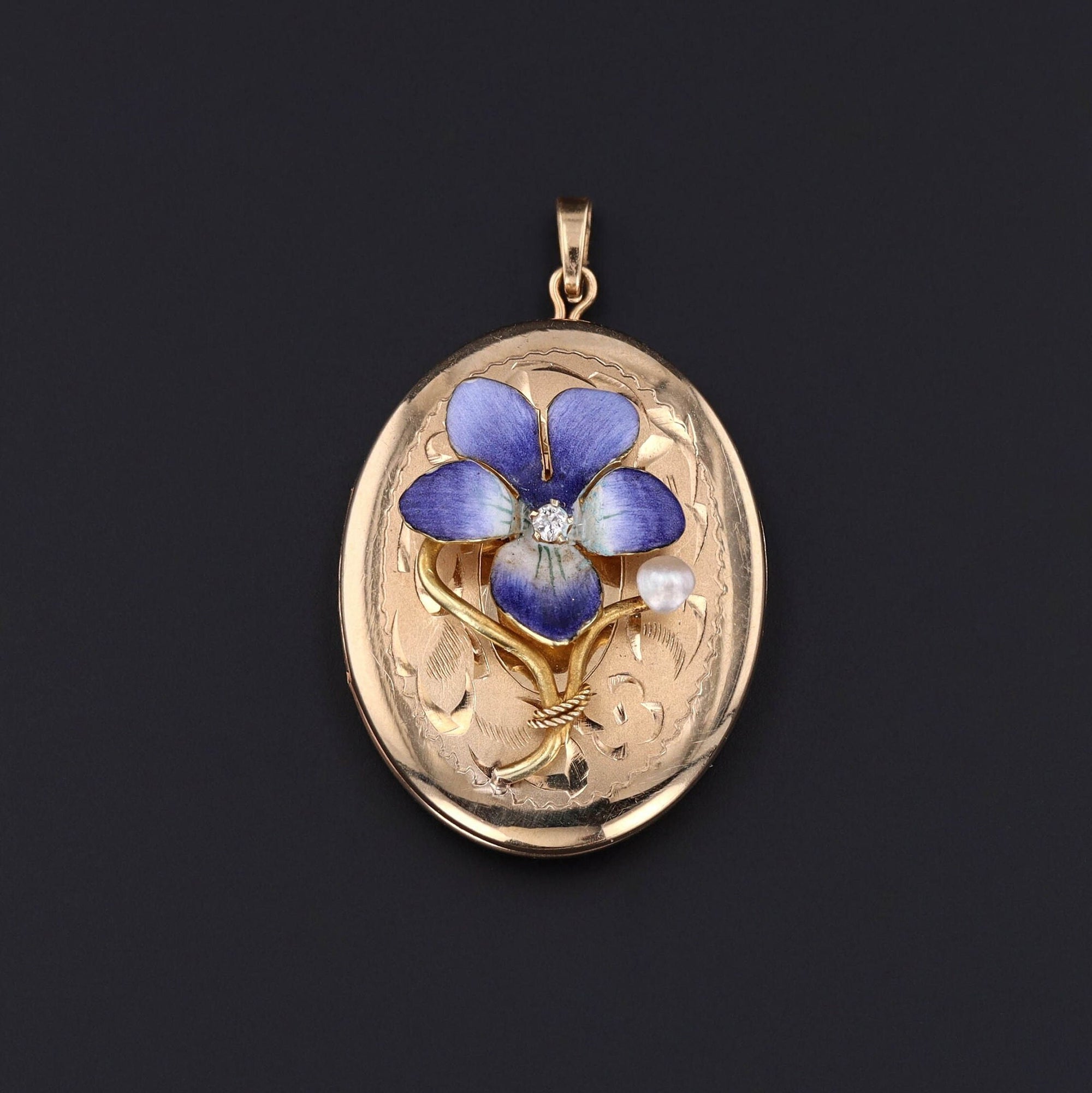 14k Gold and Enamel Violet Locket Accented with a Diamond and Pearl