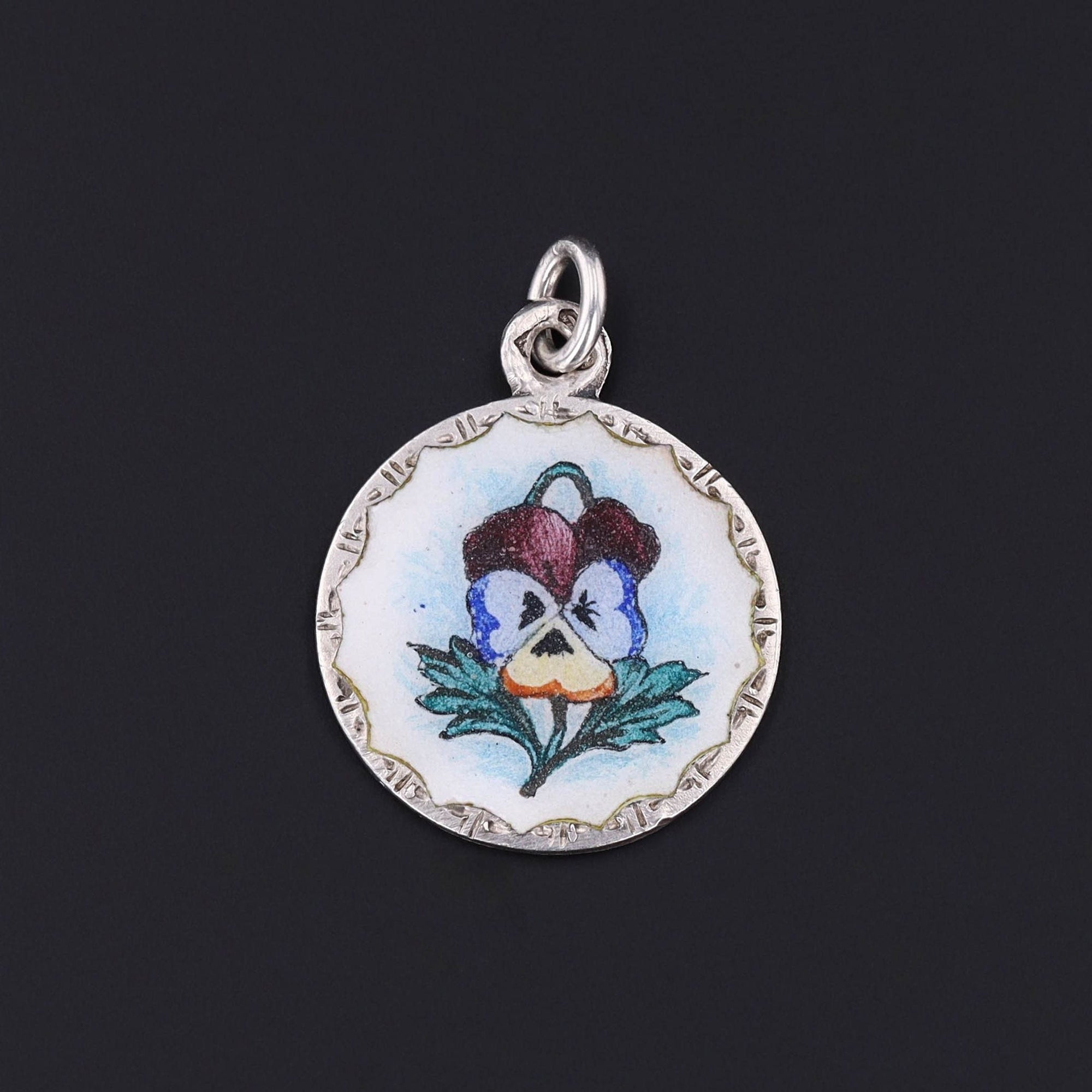 Antique Estate Enamel & Silver Pansy Flower Pendant