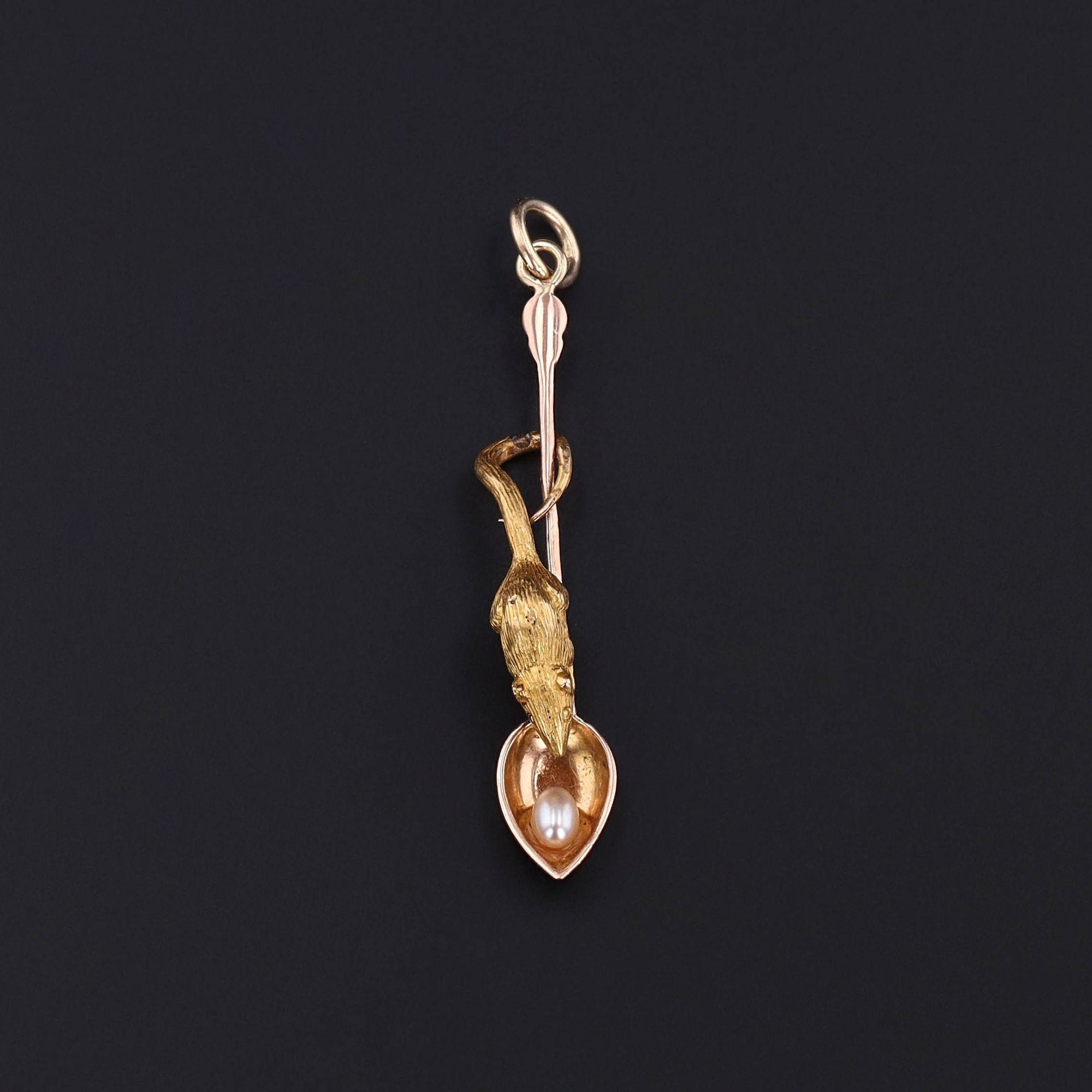 Antique Mouse on Spoon Pendant of 14k Gold