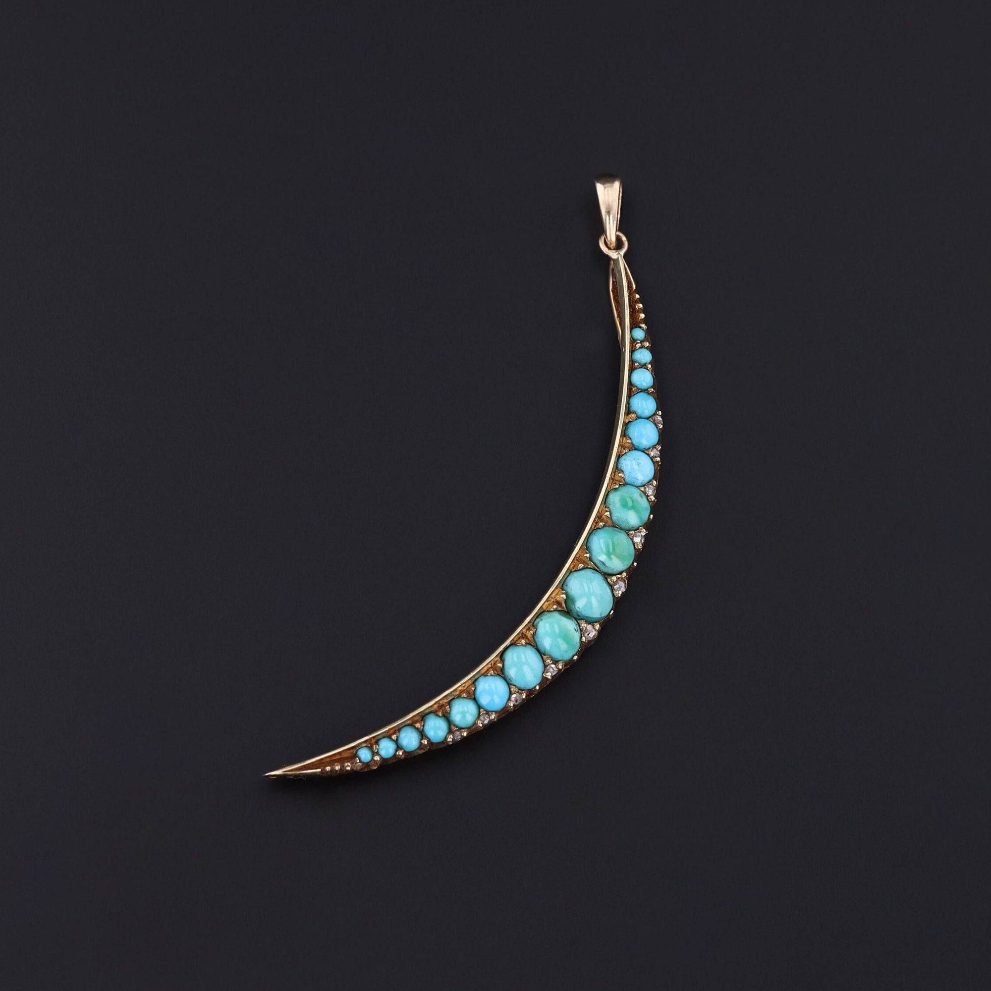 Turquoise Crescent with Diamonds in 14k Gold Converted from an Antique Brooch