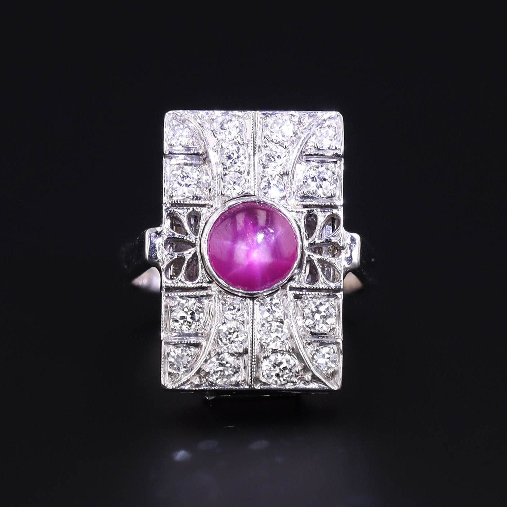 Vintage Pink Star Sapphire and Diamond Ring of 14k White Gold
