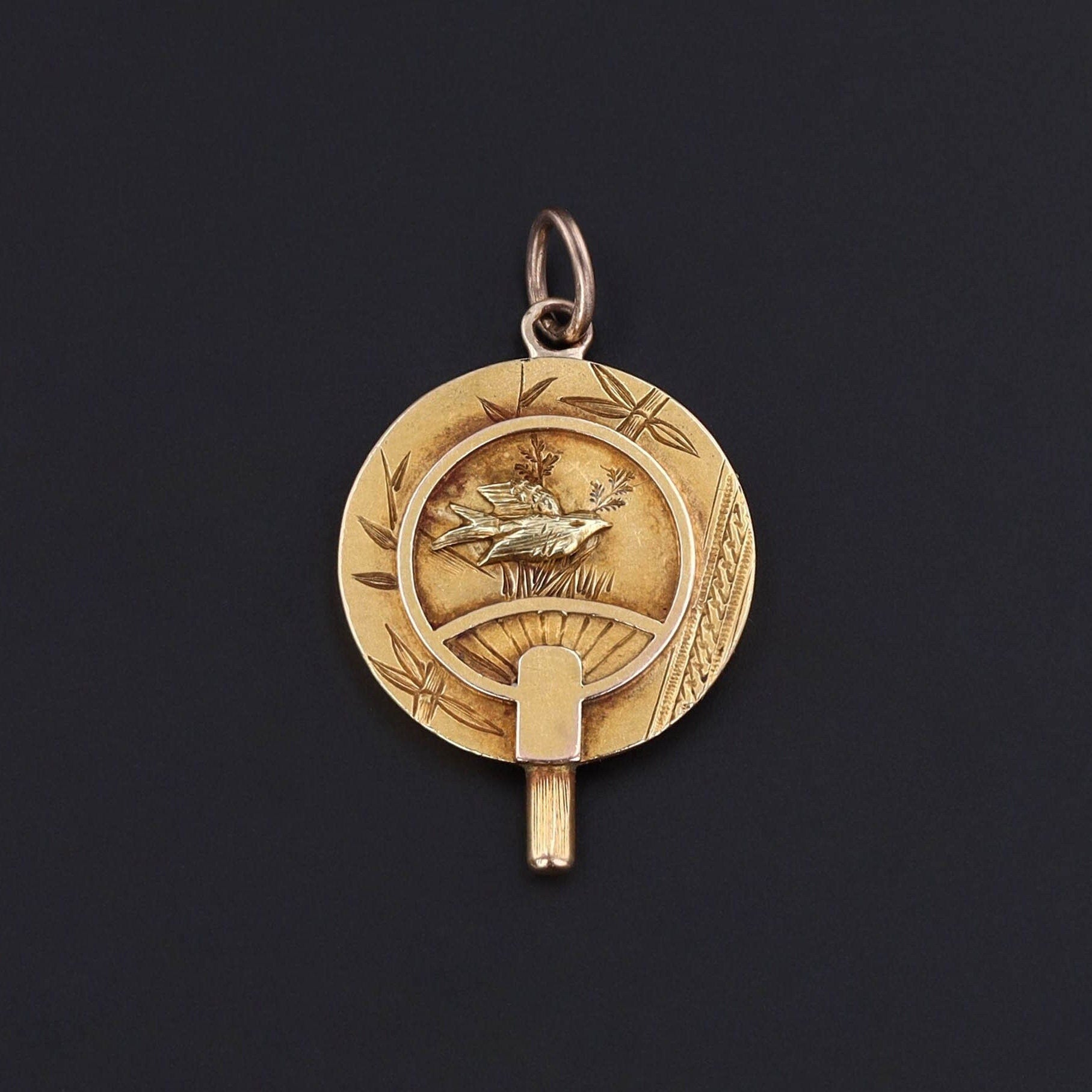 Antique Aesthetic Movement Fan Charm of 14k Gold