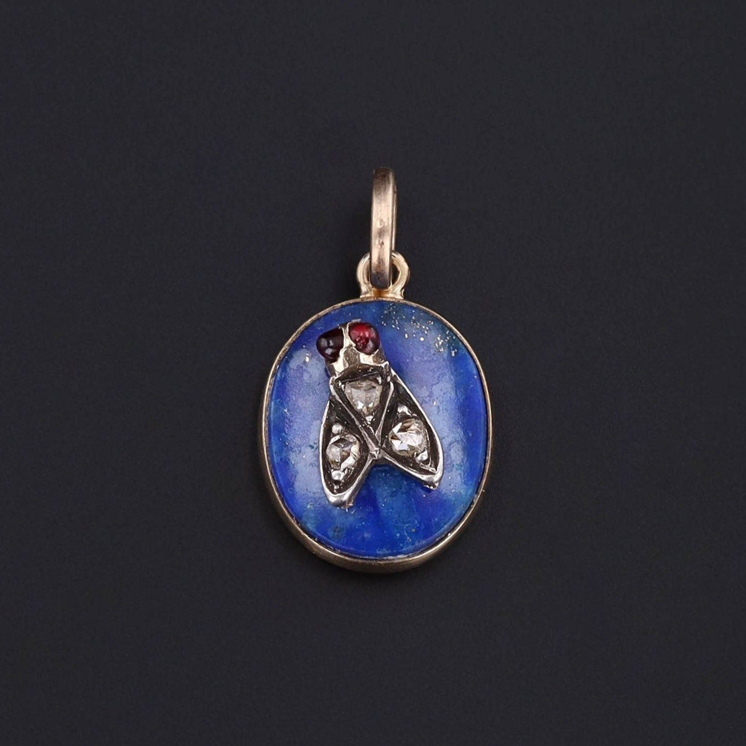 Antique Lapis and Diamond Insect Conversion Pendant of 14k Gold