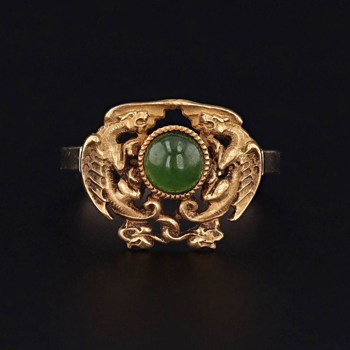 Antique Dragon Jade Conversion Ring of 14k Gold