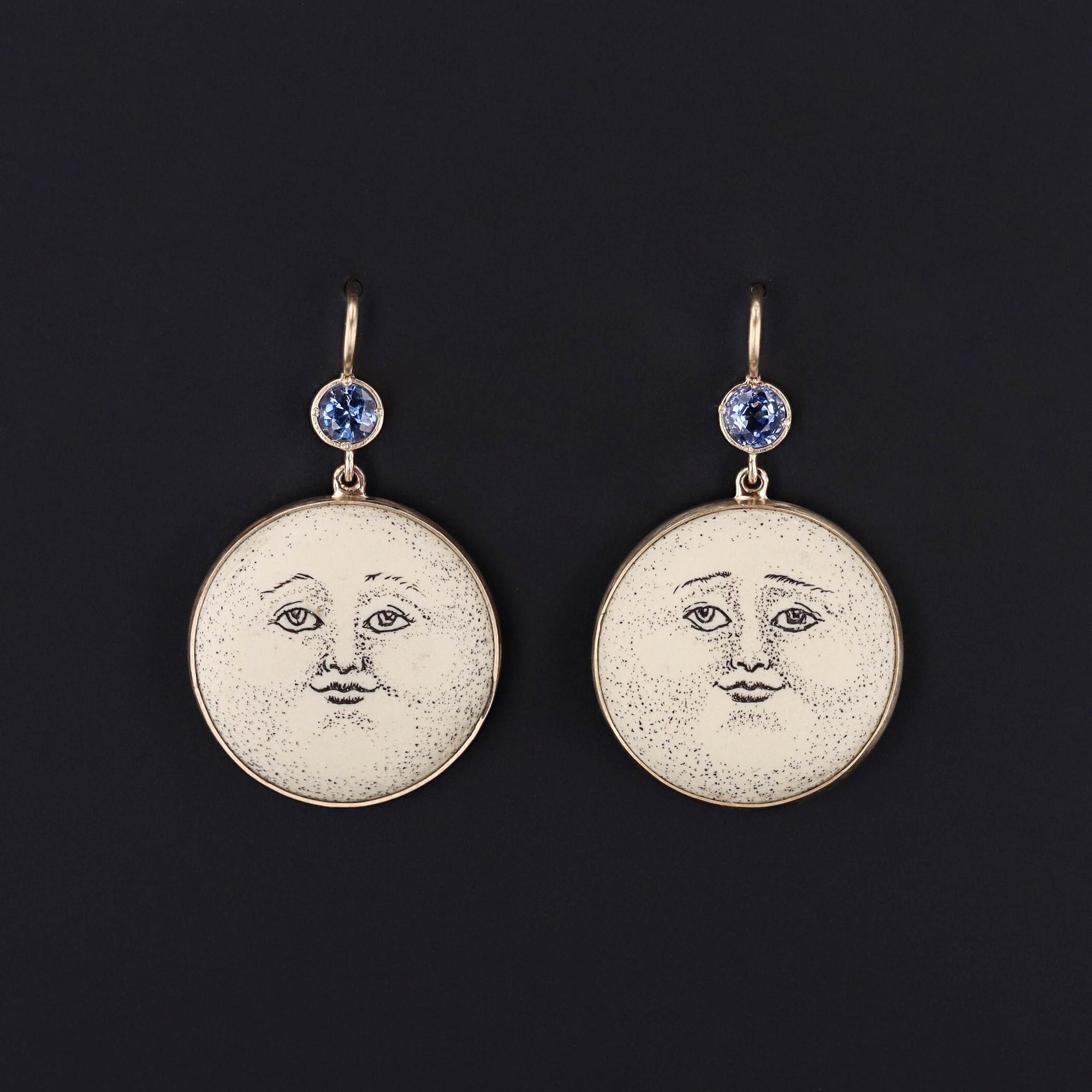 Antique Sapphire & Ceramic Man in the Moon Conversion Earrings 14k Gold