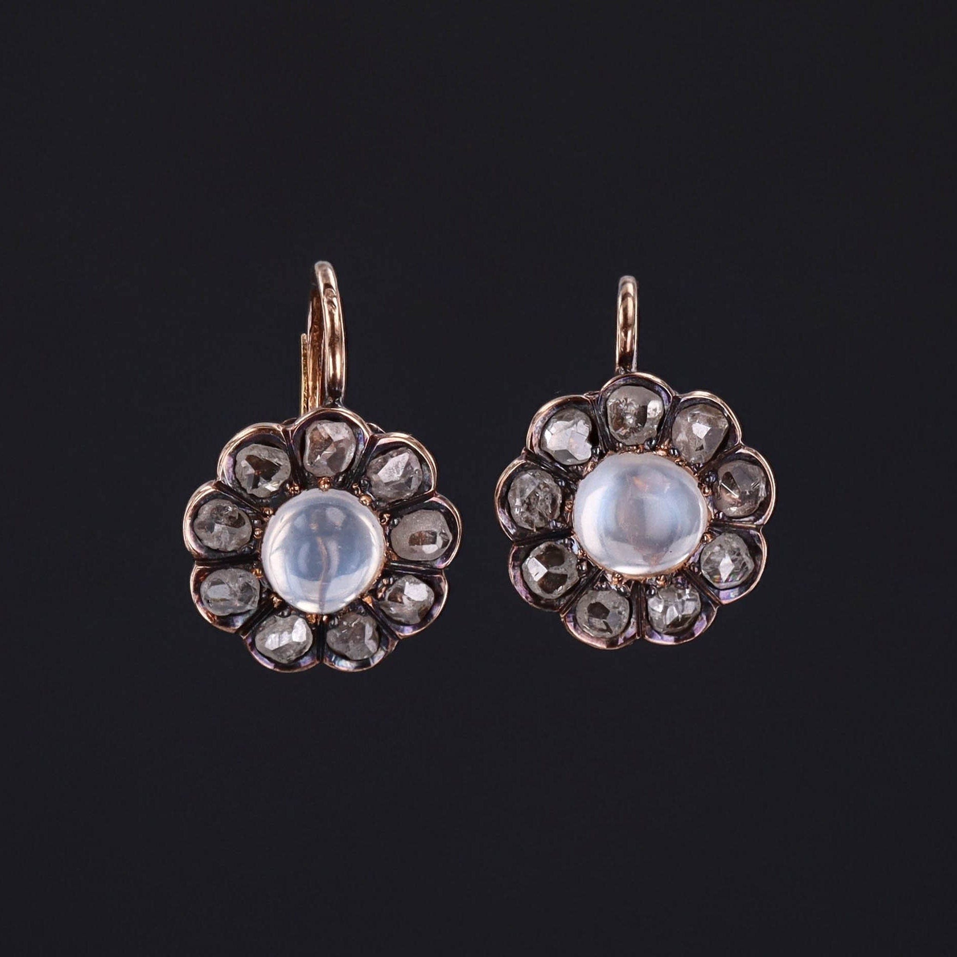 Antique Moonstone and Diamond Earrings of 14k Gold
