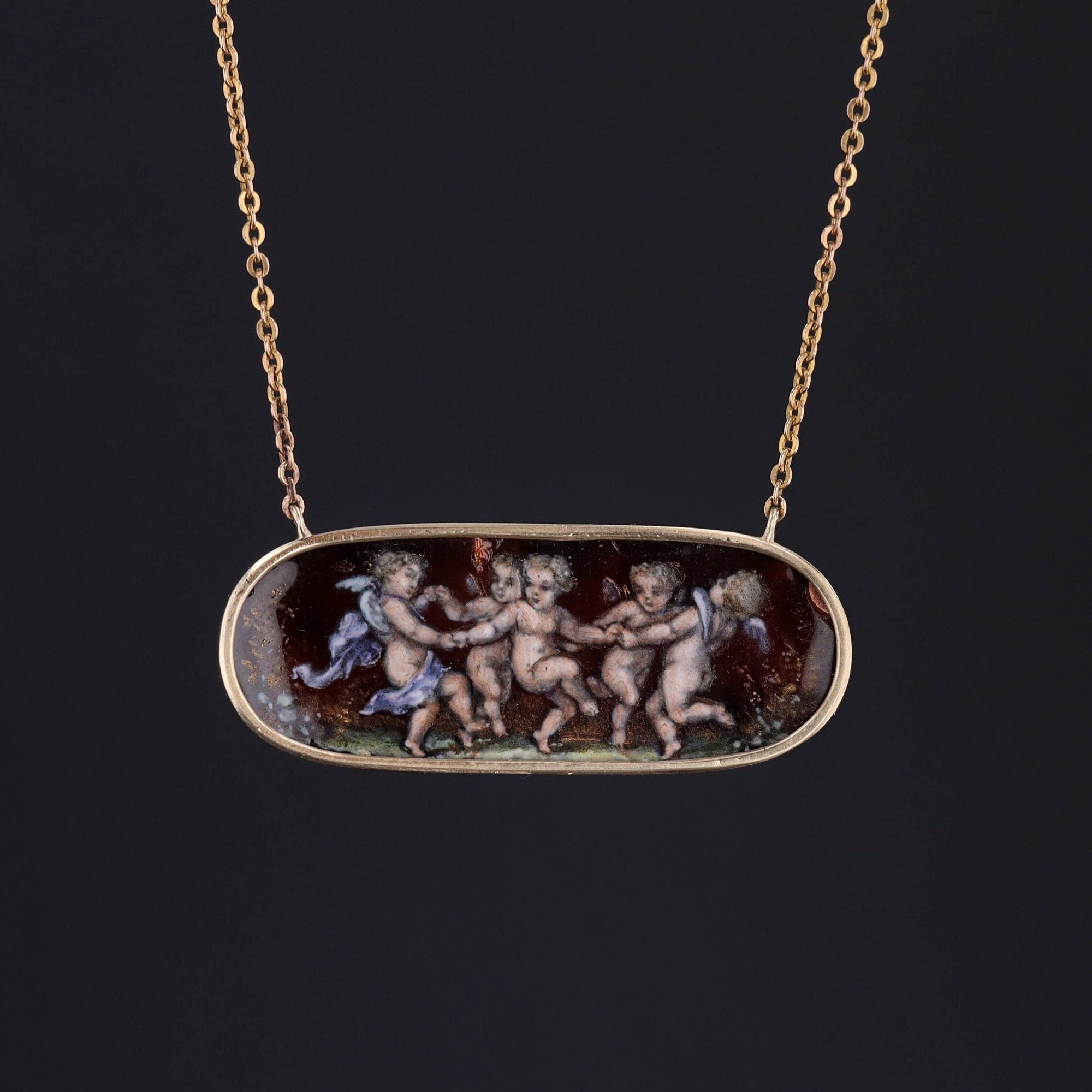 Antique Enamel Cherub Conversion Necklace of 14k Gold