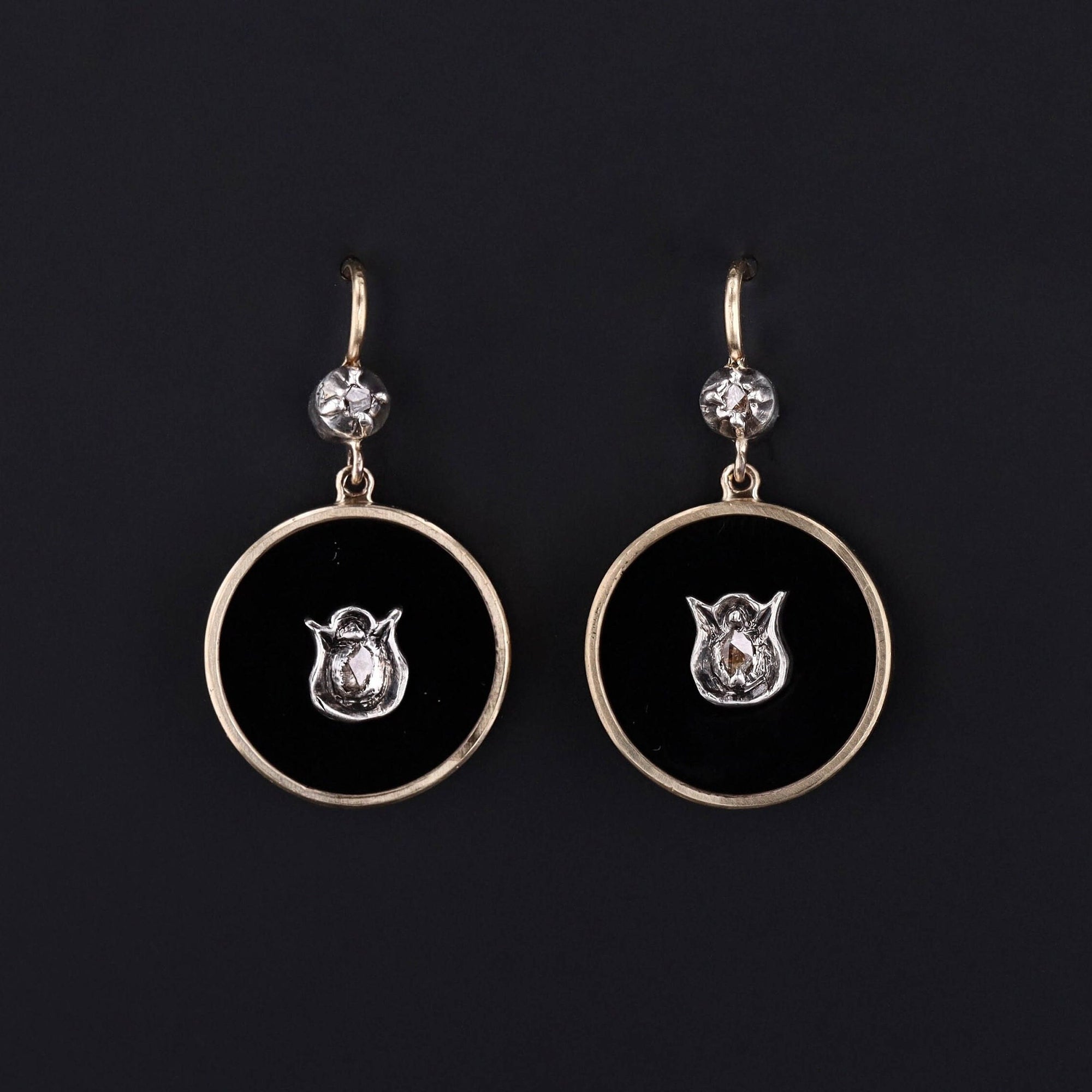 Onyx and Diamond Earrings of 14k Gold