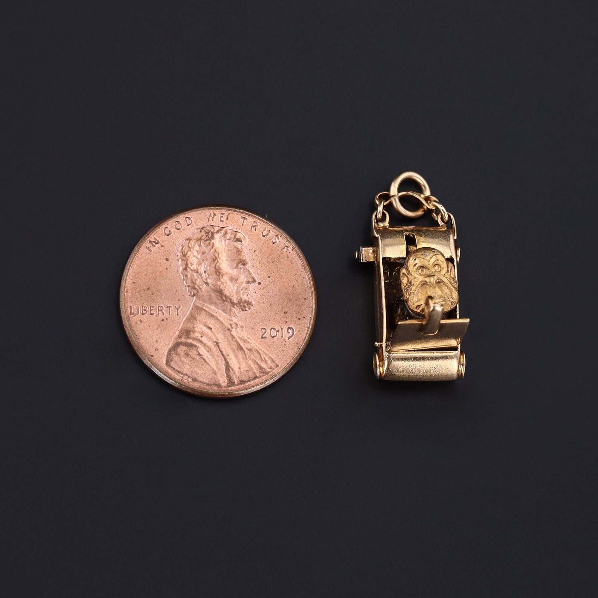 Vintage Moveable Monkey in a Box Charm of 14k Gold