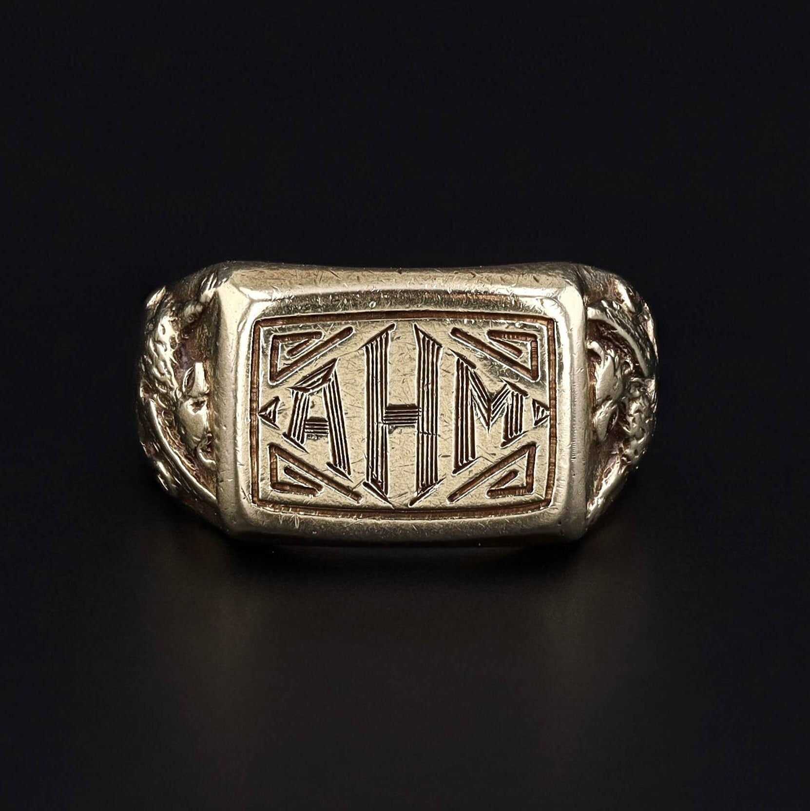 Antique Griffin Signet Ring with Initials AHM in 14k Gold